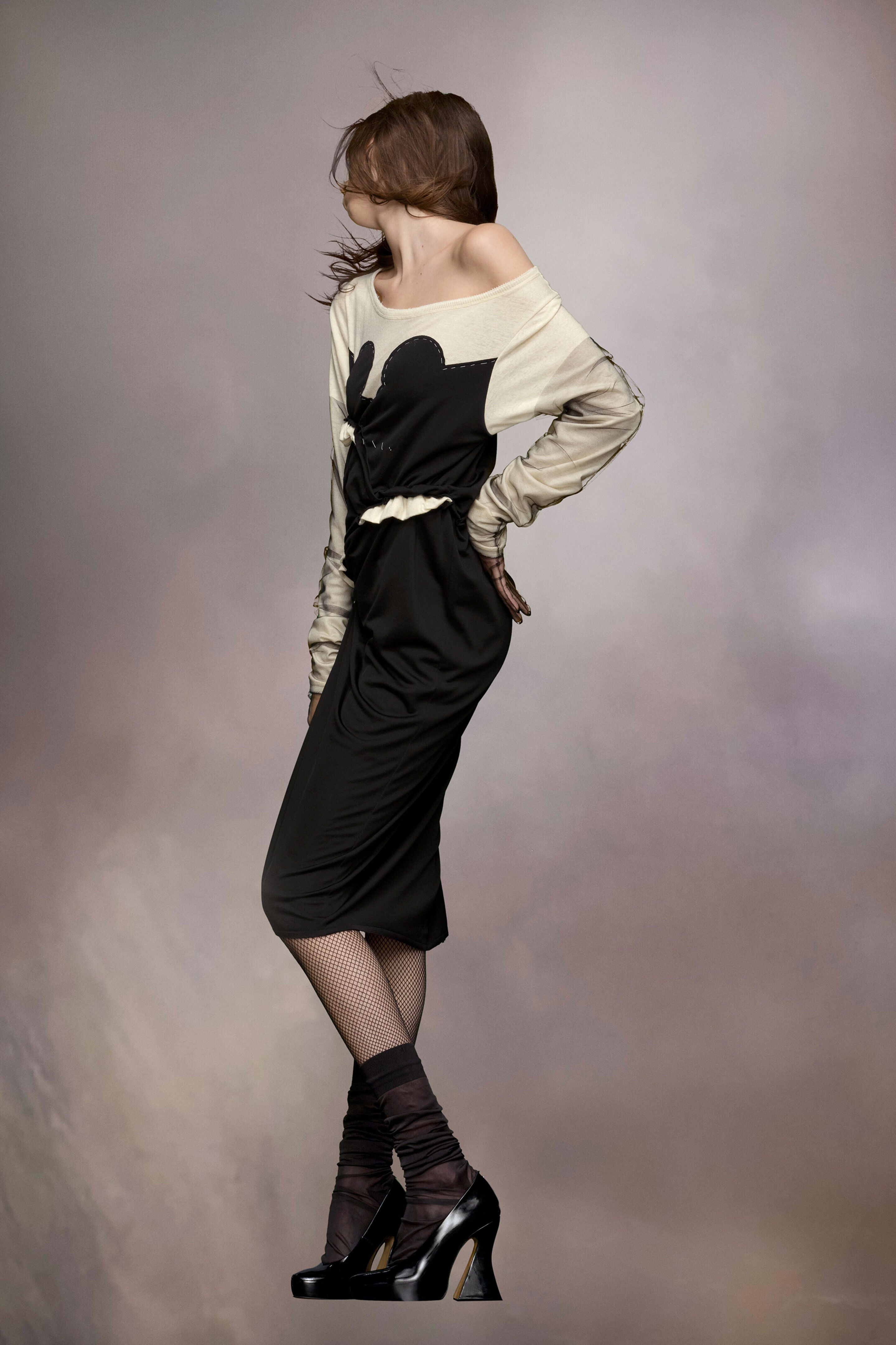 MAISON MARGIELA WOMEN'S BLACK CREAM DRAPED MIDI DRESS