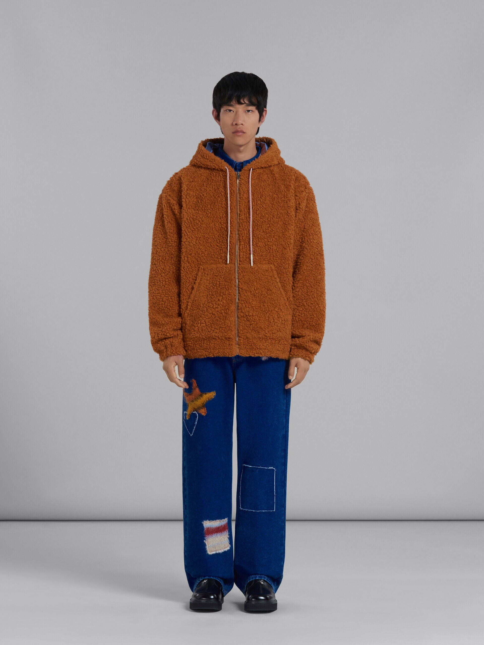 MARNI MEN'S RUST SHEARLING HOODED JACKET