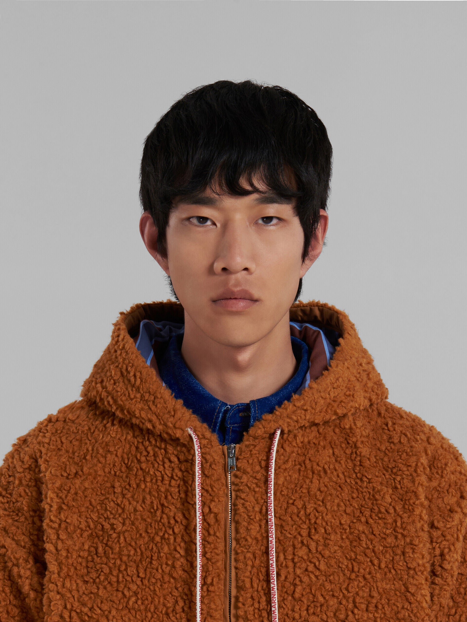 MARNI MEN'S RUST SHEARLING HOODED JACKET