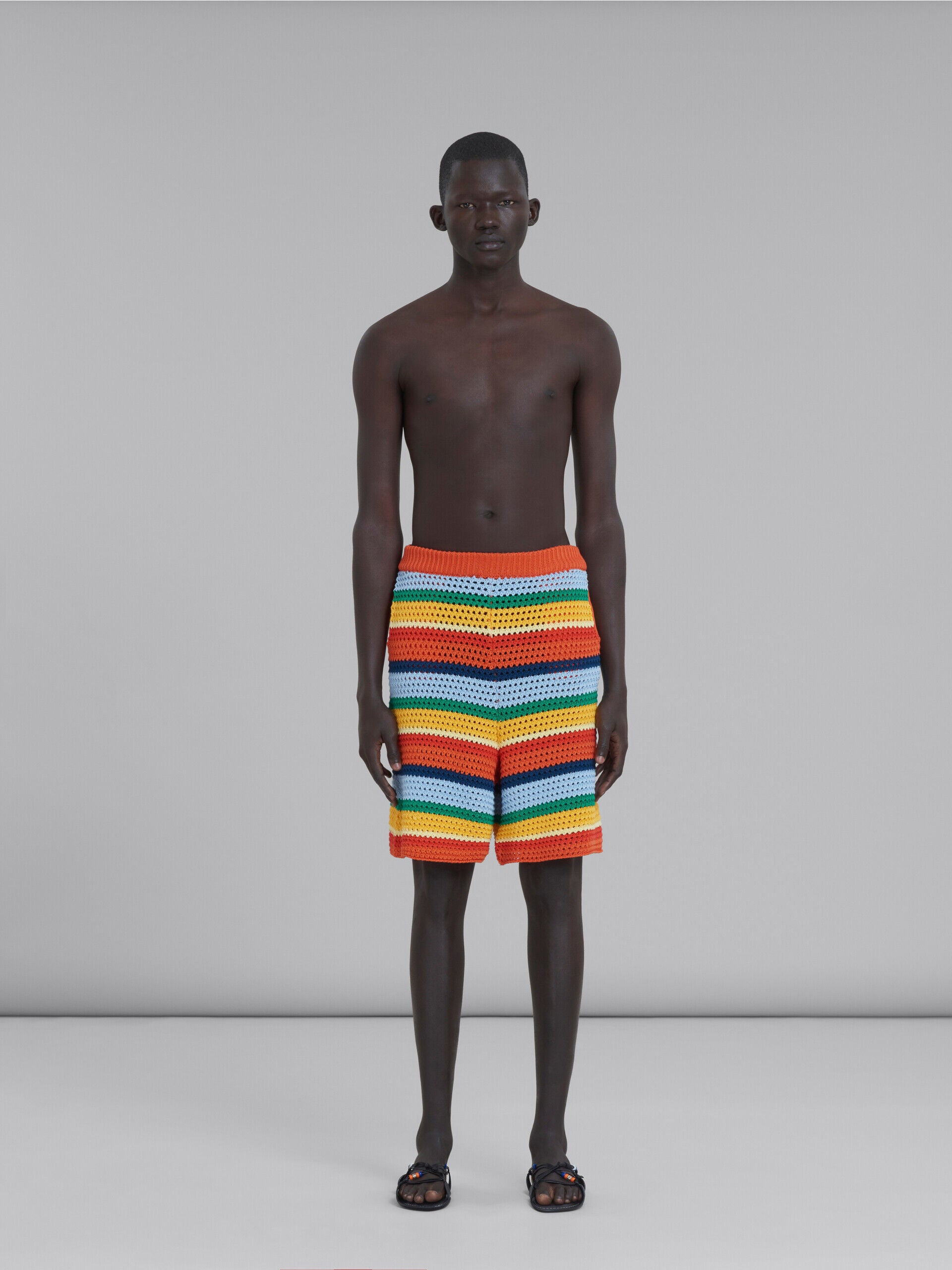 MARNI MEN'S MULTICOLOR STRIPED CROCHET SHORTS