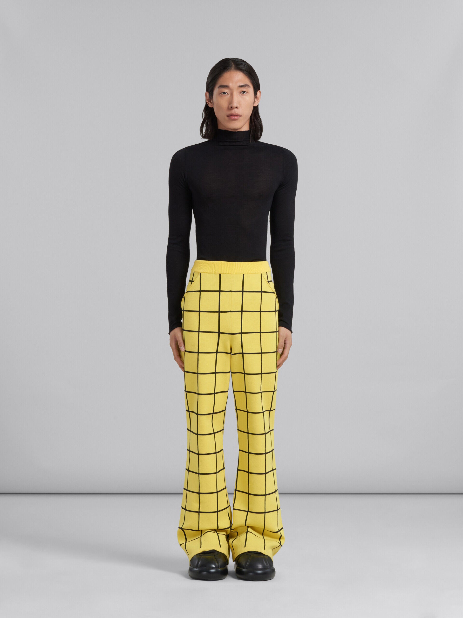 MARNI MEN'S YELLOW GRID PATTERN FLARED TROUSERS