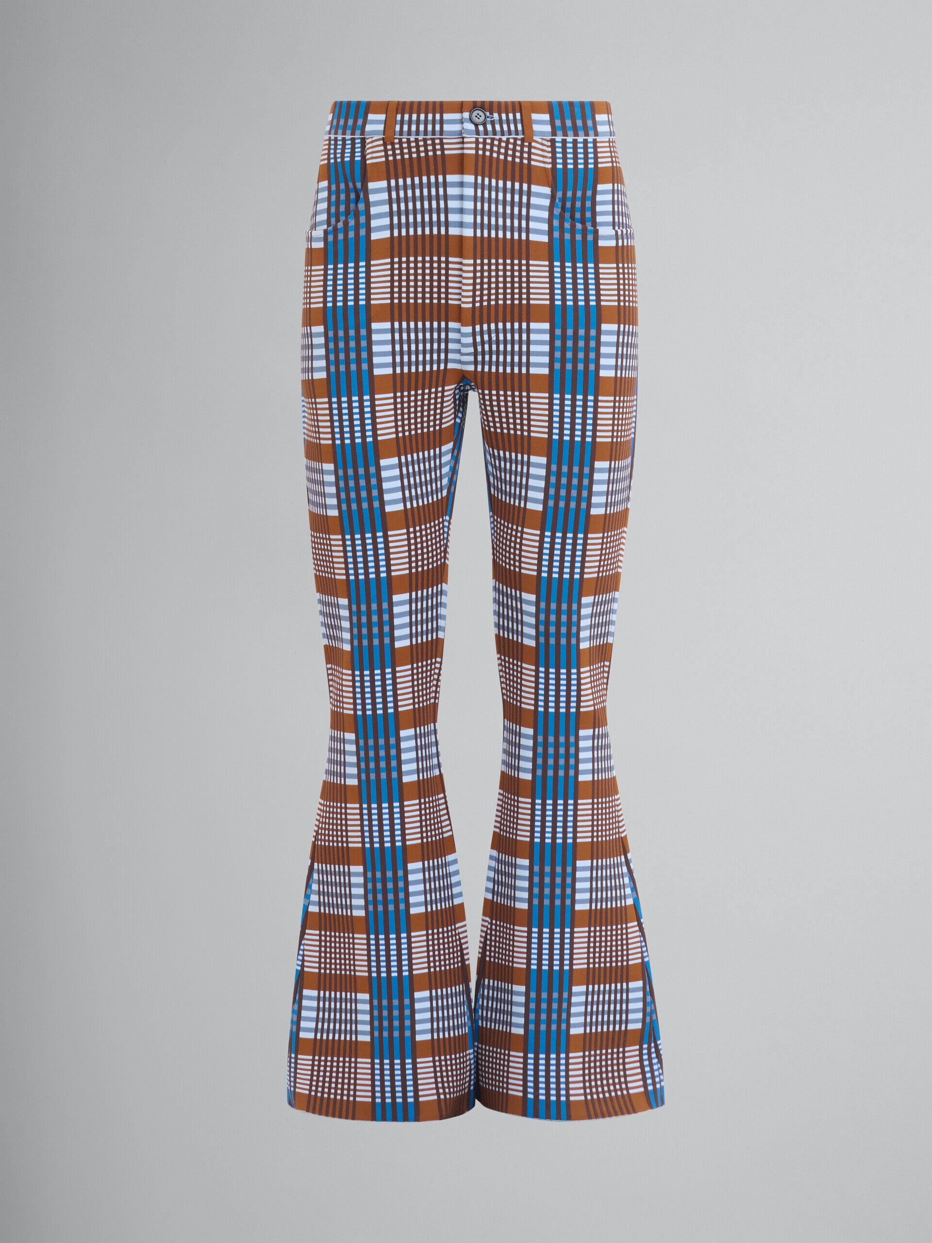 MARNI MEN'S BROWN BLUE PLAID FLARED TROUSERS