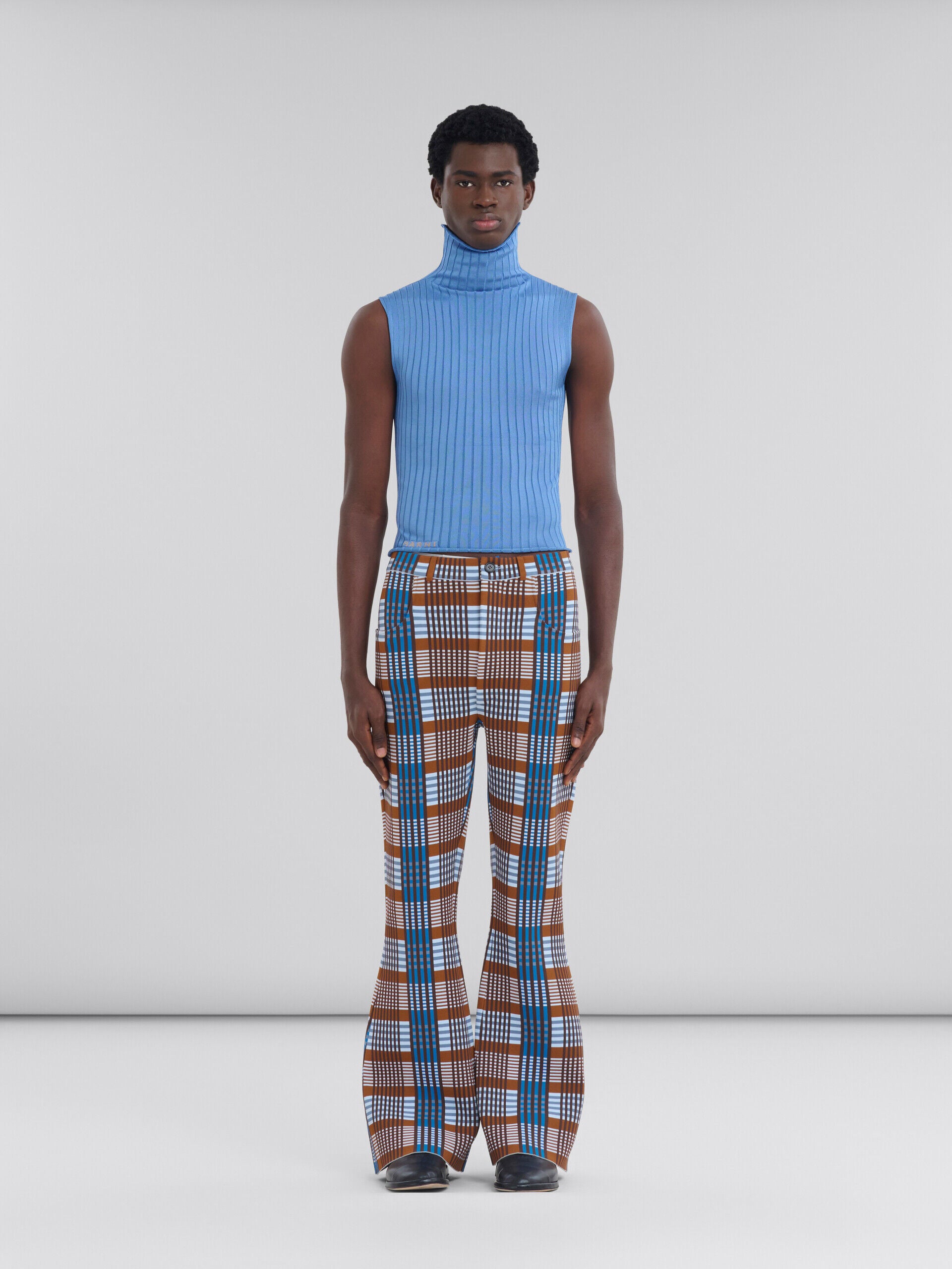 MARNI MEN'S BROWN BLUE PLAID FLARED TROUSERS