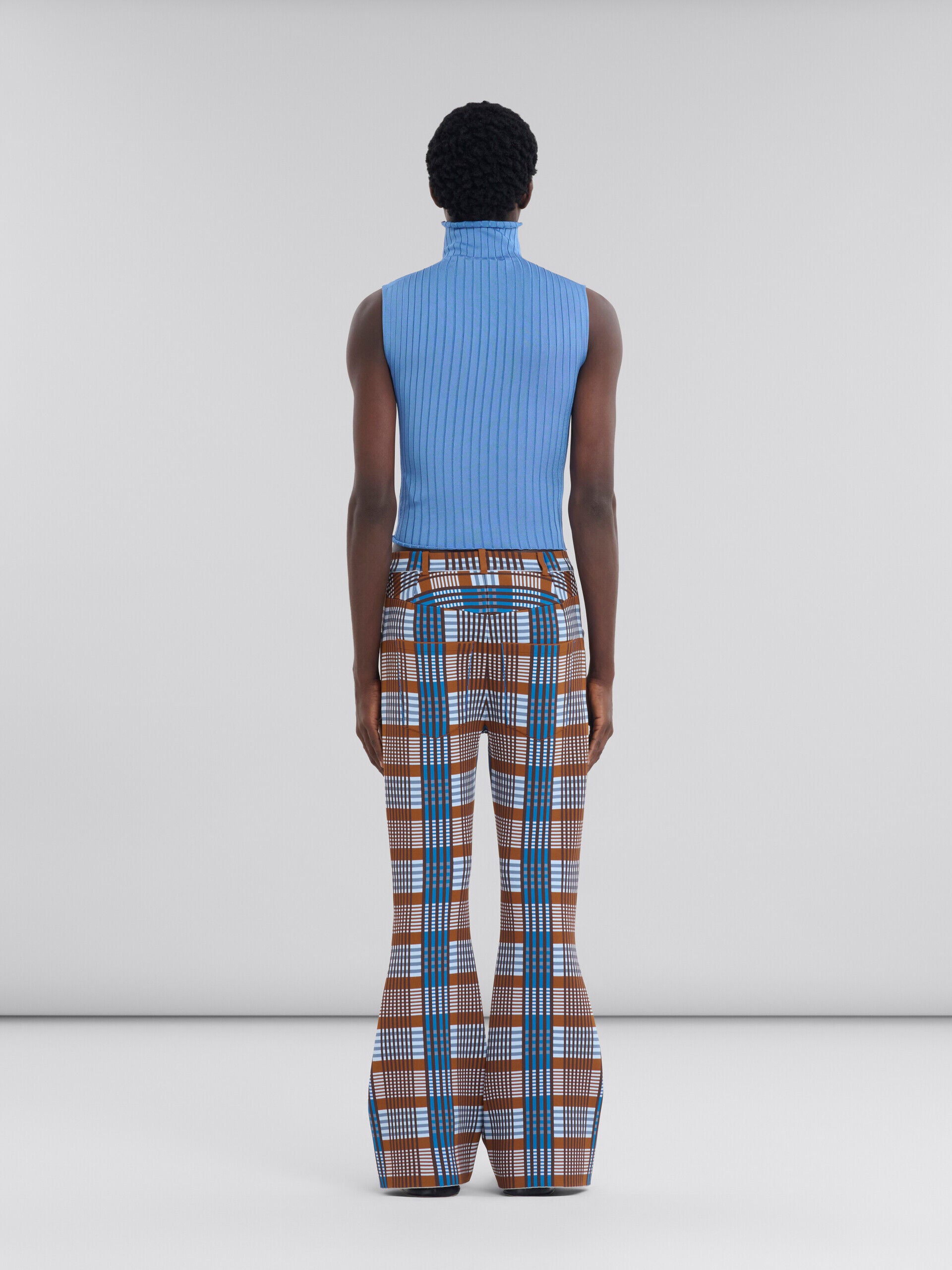 MARNI MEN'S BROWN BLUE PLAID FLARED TROUSERS