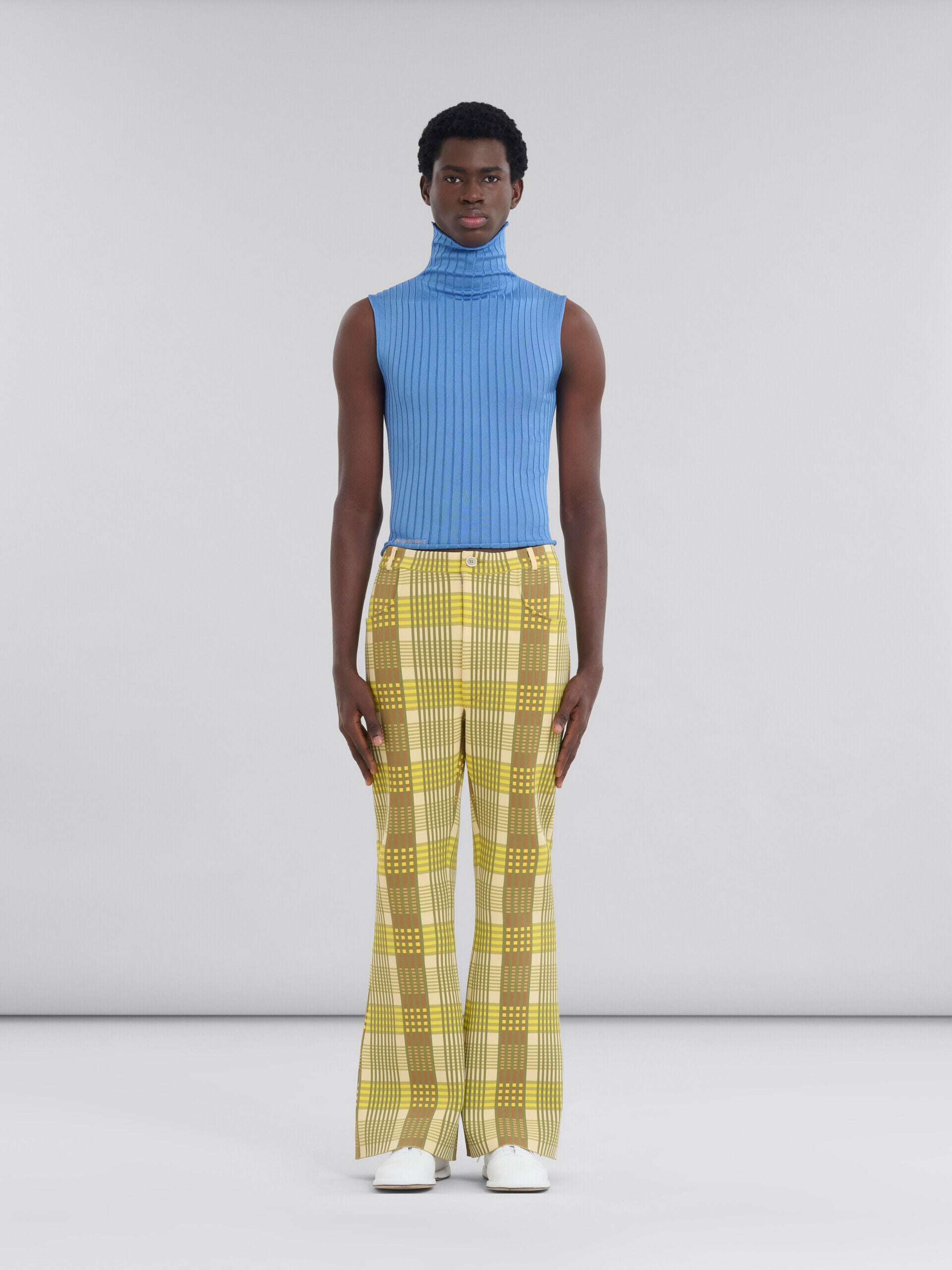 MARNI MEN'S YELLOW PLAID FLARED TROUSERS