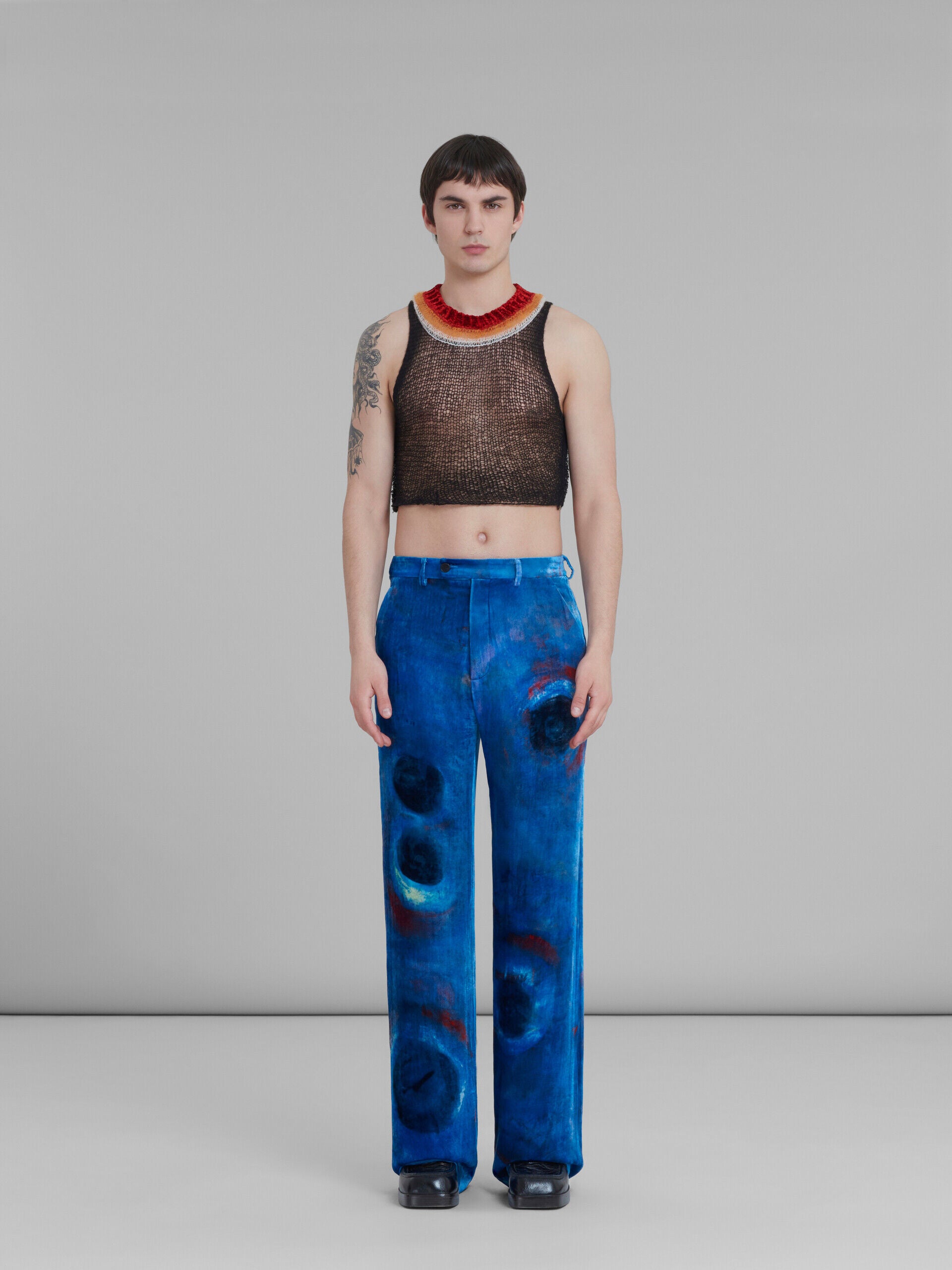 MARNI MEN'S COBALT WIDE-LEG ABSTRACT PRINT TROUSERS