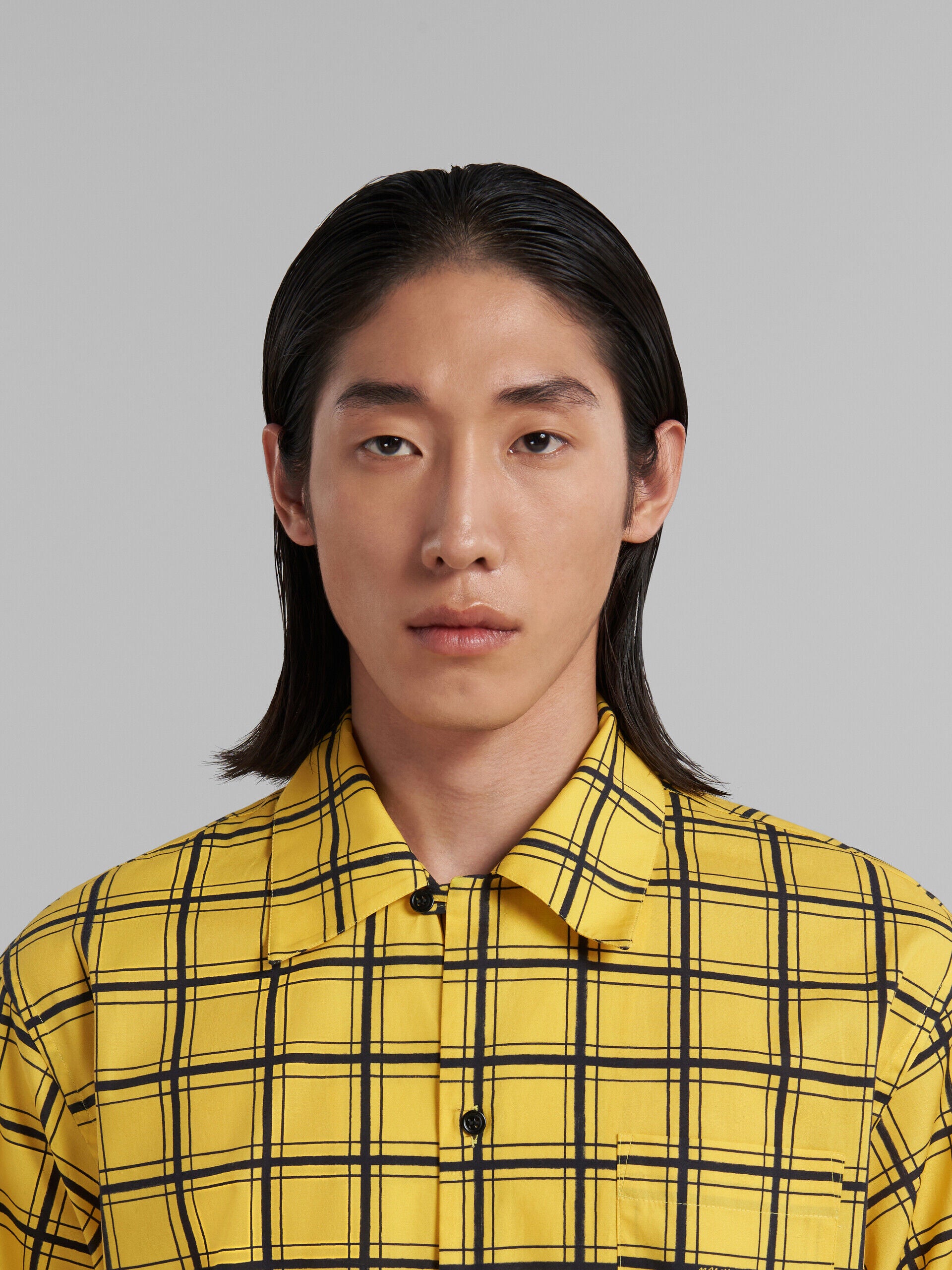 MARNI MEN'S YELLOW PLAID SHORT-SLEEVE SHIRT