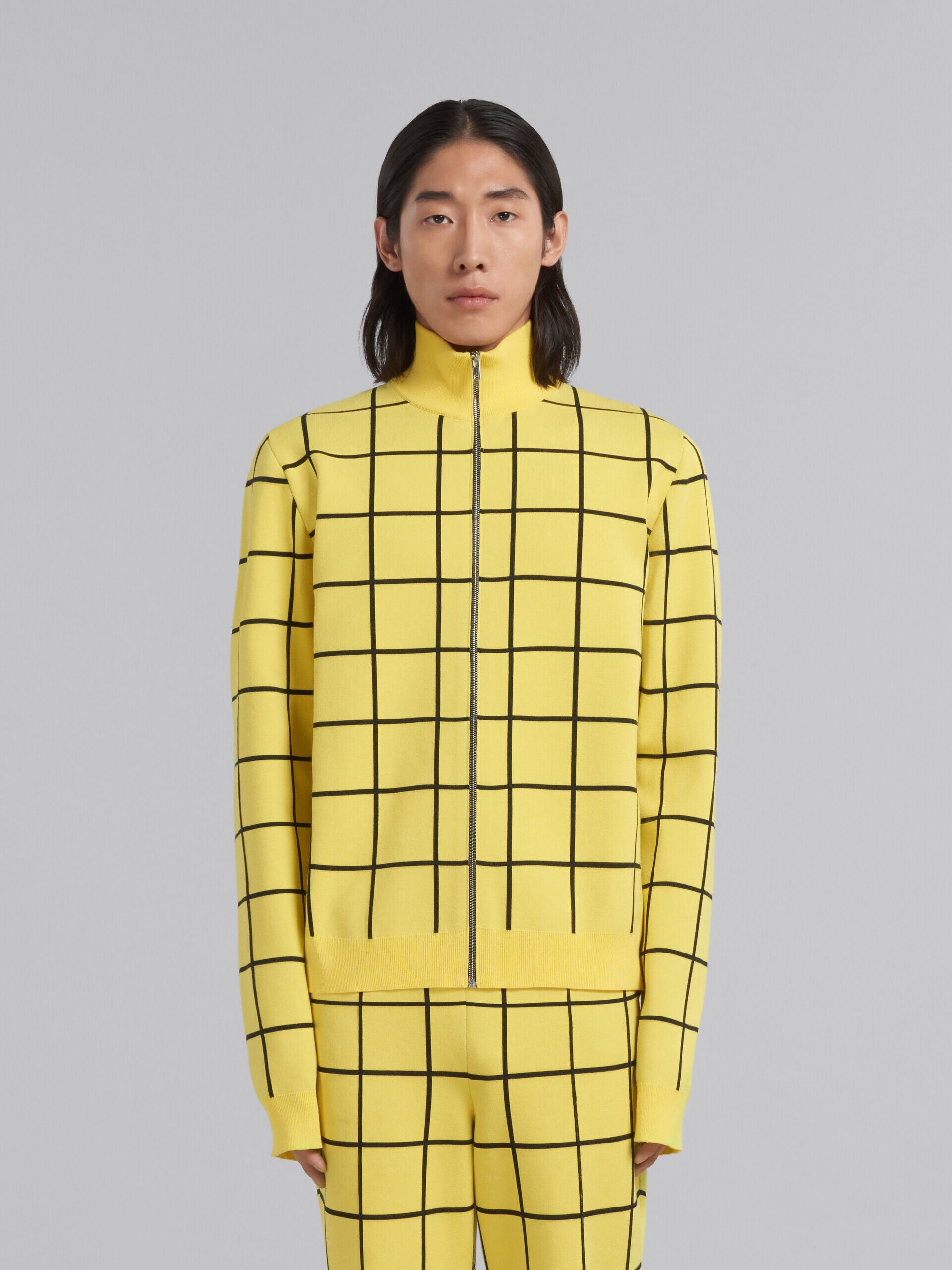 MARNI MEN'S YELLOW GRID ZIP-UP SWEATER