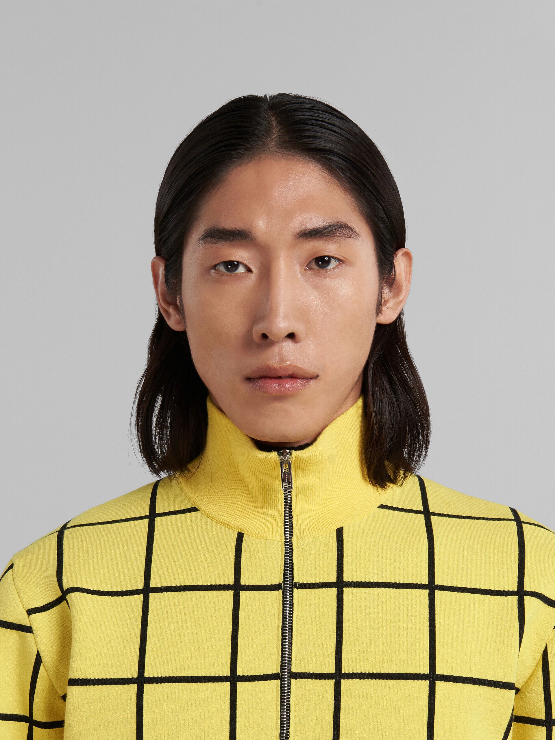 MARNI MEN'S YELLOW GRID ZIP-UP SWEATER