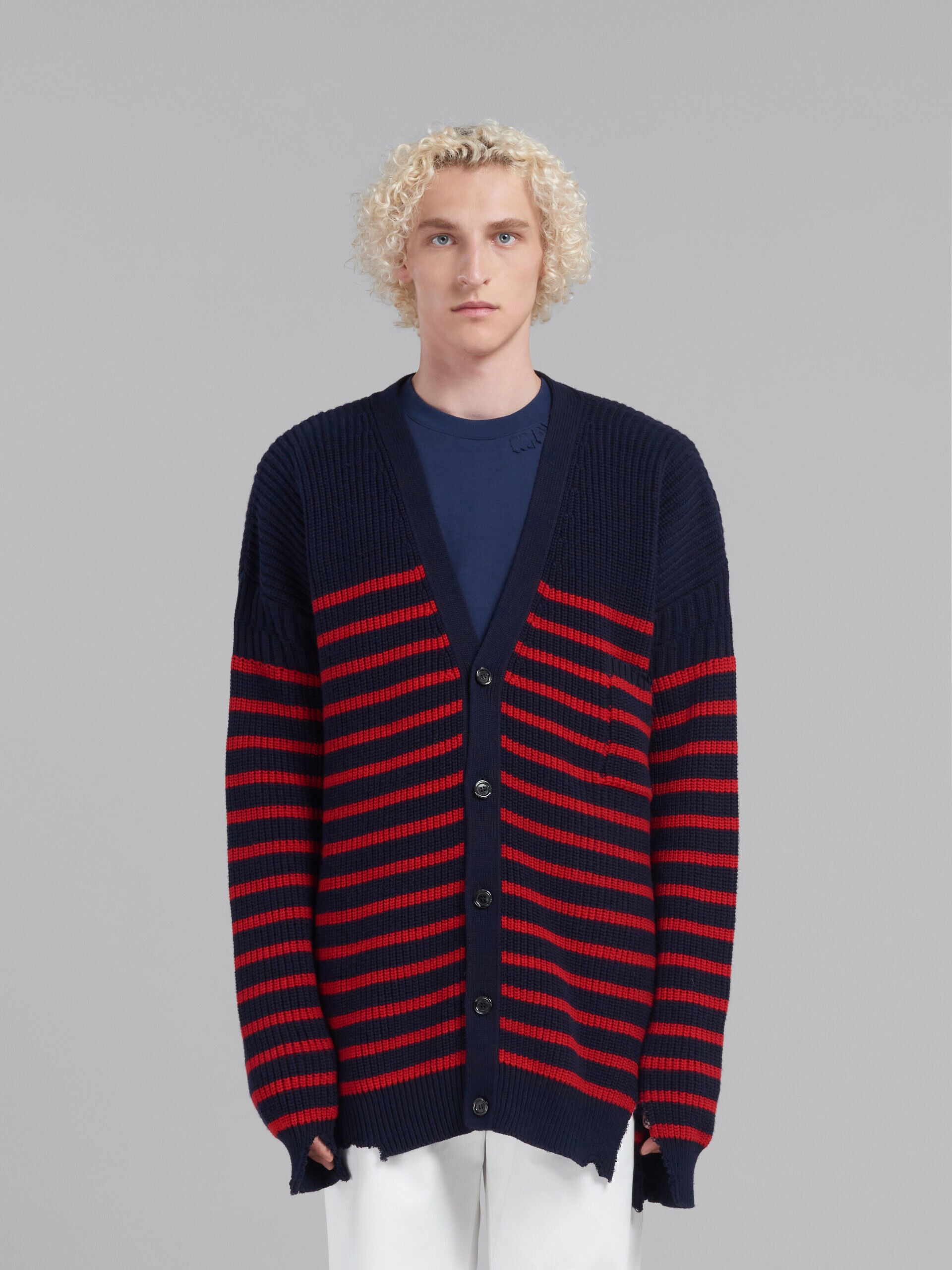 MARNI MEN'S NAVY RED STRIPED CARDIGAN SWEATER