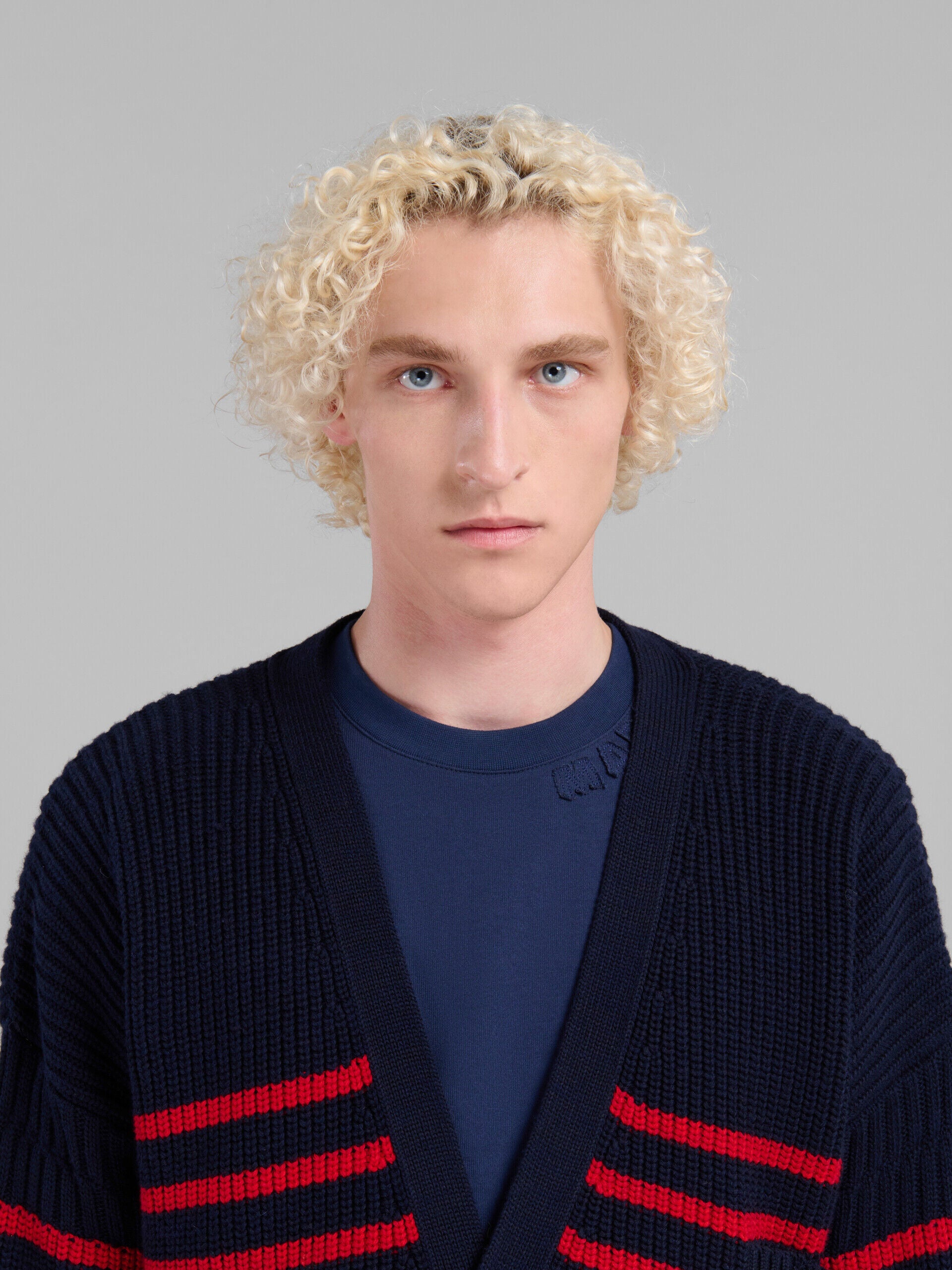 MARNI MEN'S NAVY RED STRIPED CARDIGAN SWEATER