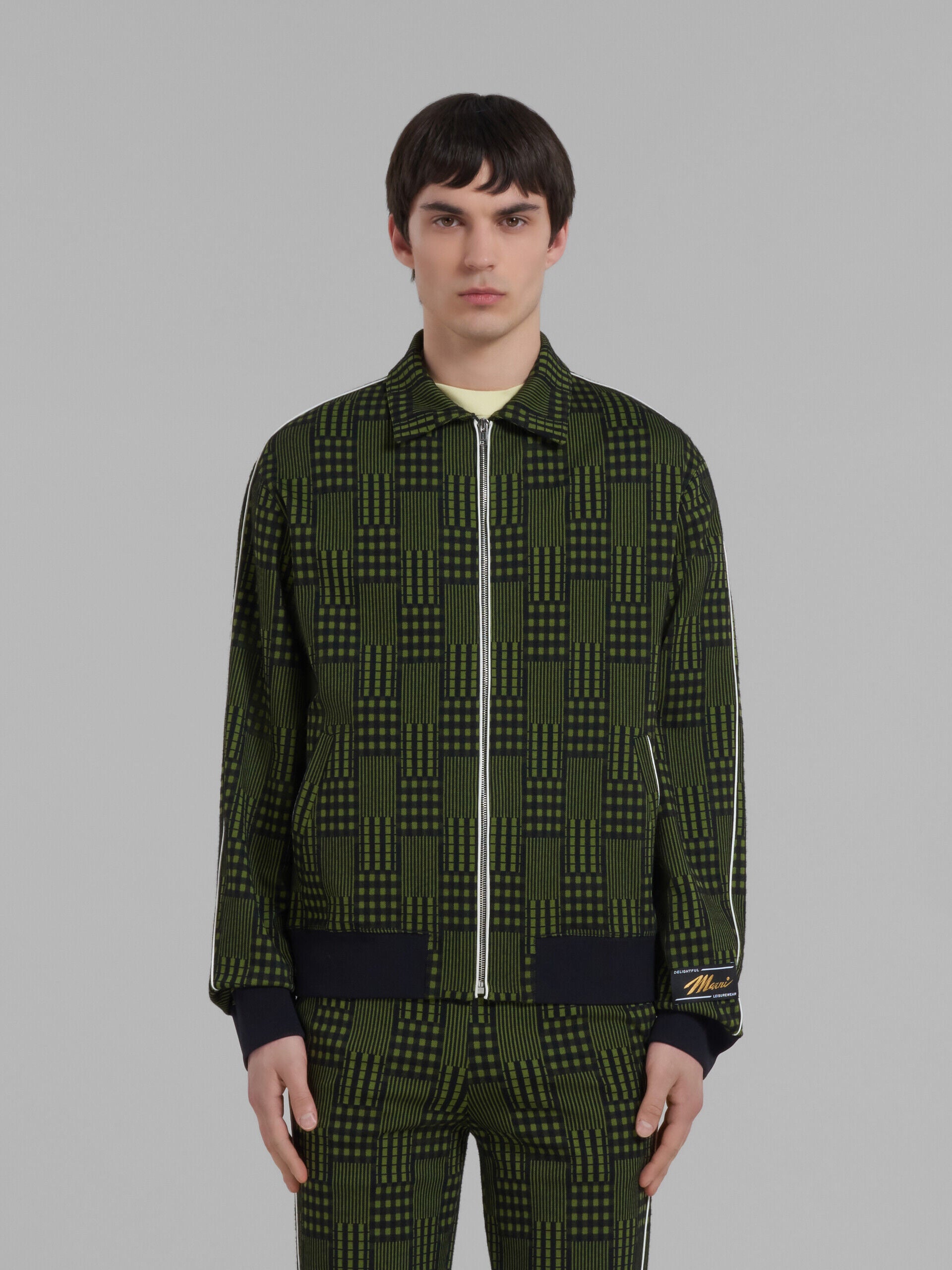 MARNI MEN'S OLIVE PATTERNED ZIP-UP SWEATER