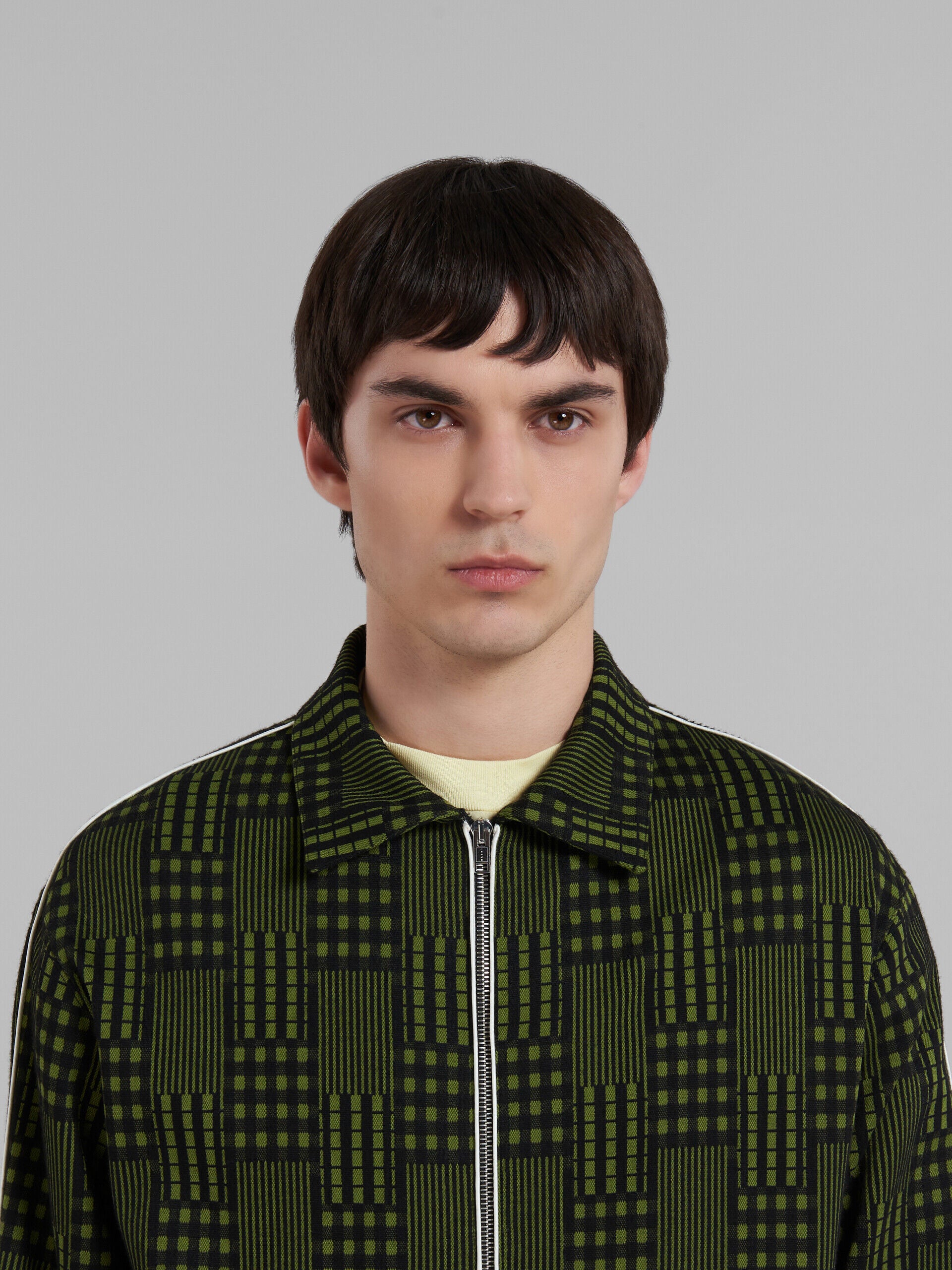 MARNI MEN'S OLIVE PATTERNED ZIP-UP SWEATER