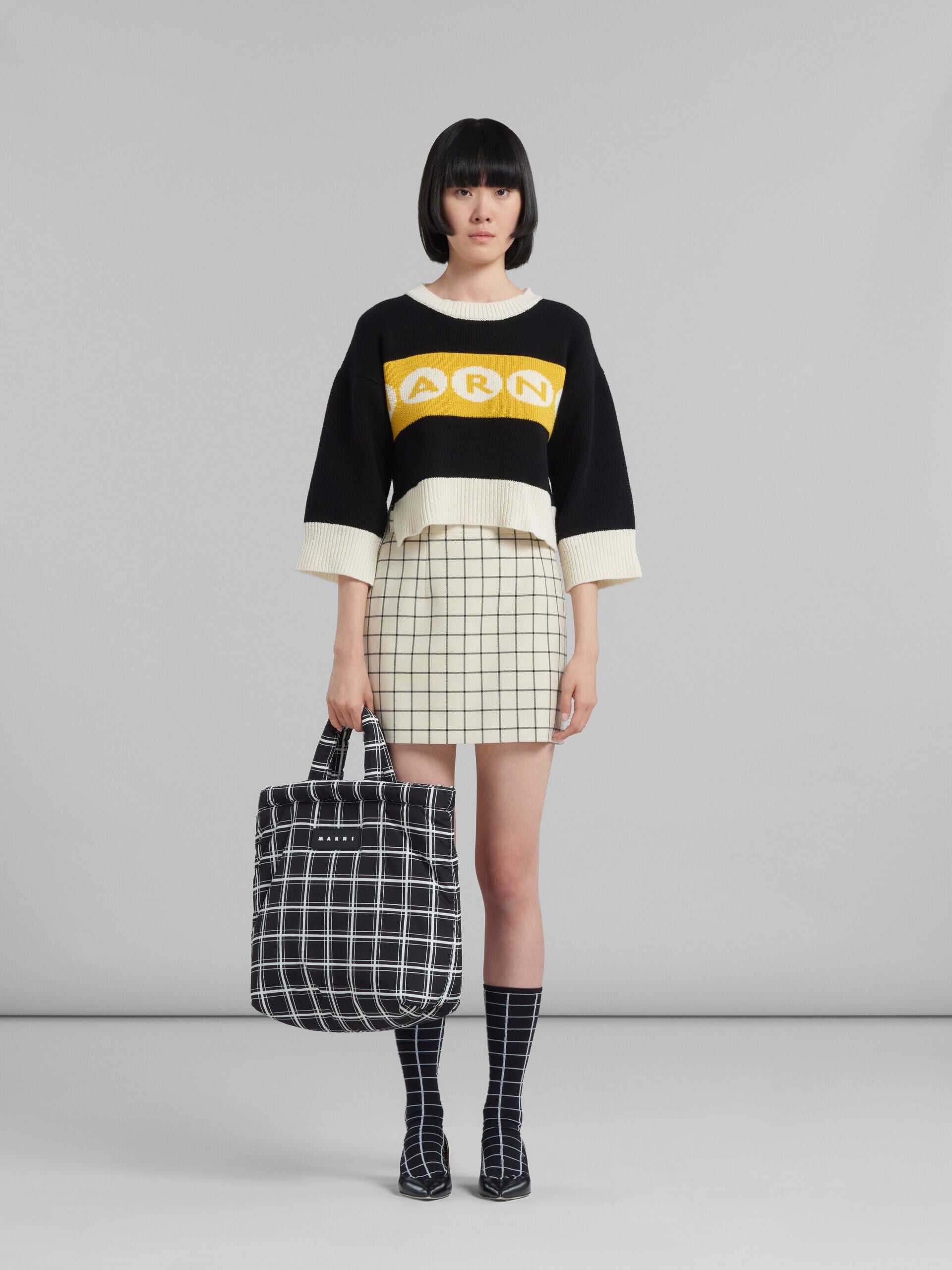 MARNI WOMEN'S BLACK PLAID PADDED TOTE BAG