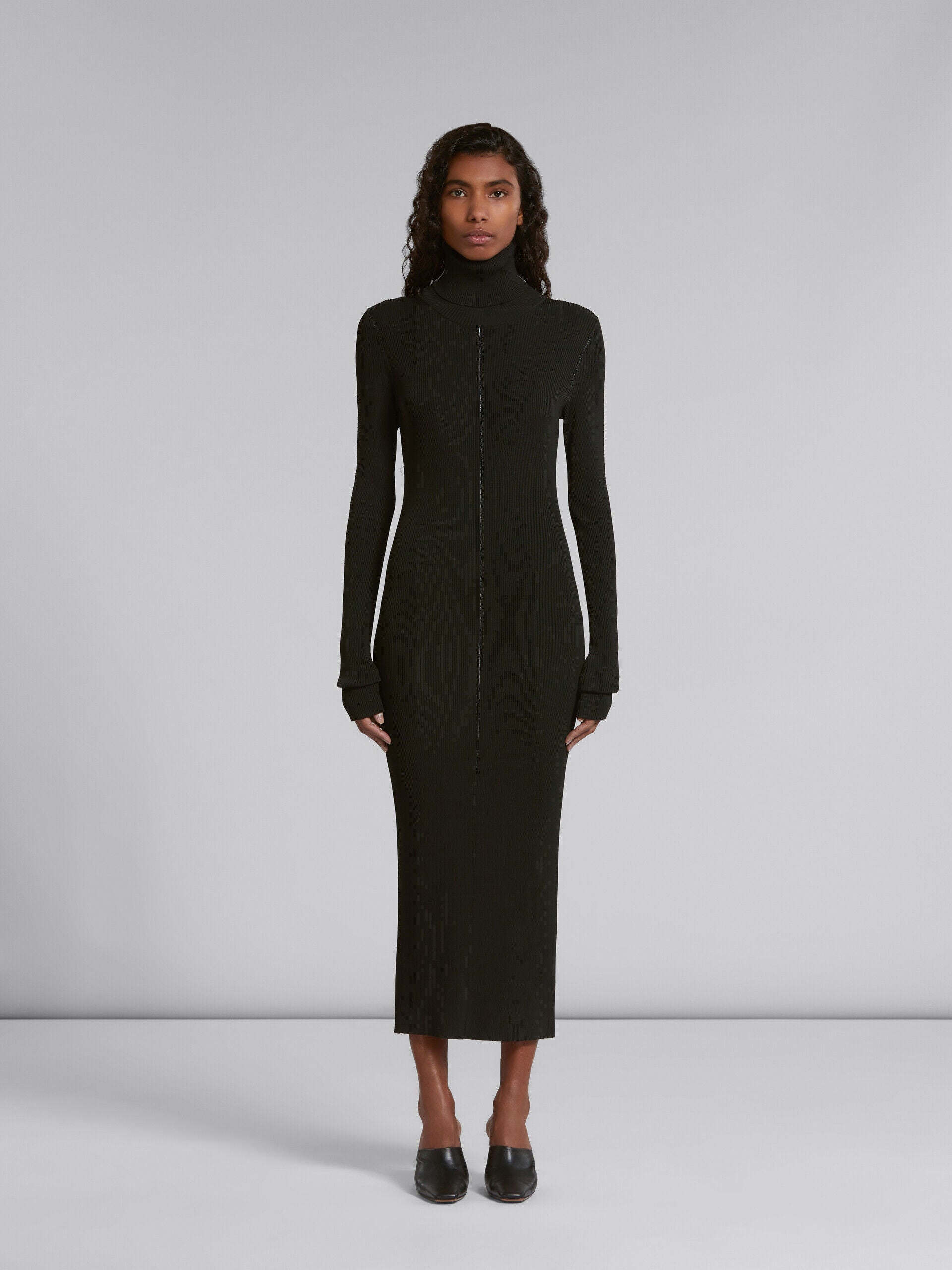 MARNI WOMEN'S BLACK RIBBED TURTLENECK MIDI DRESS