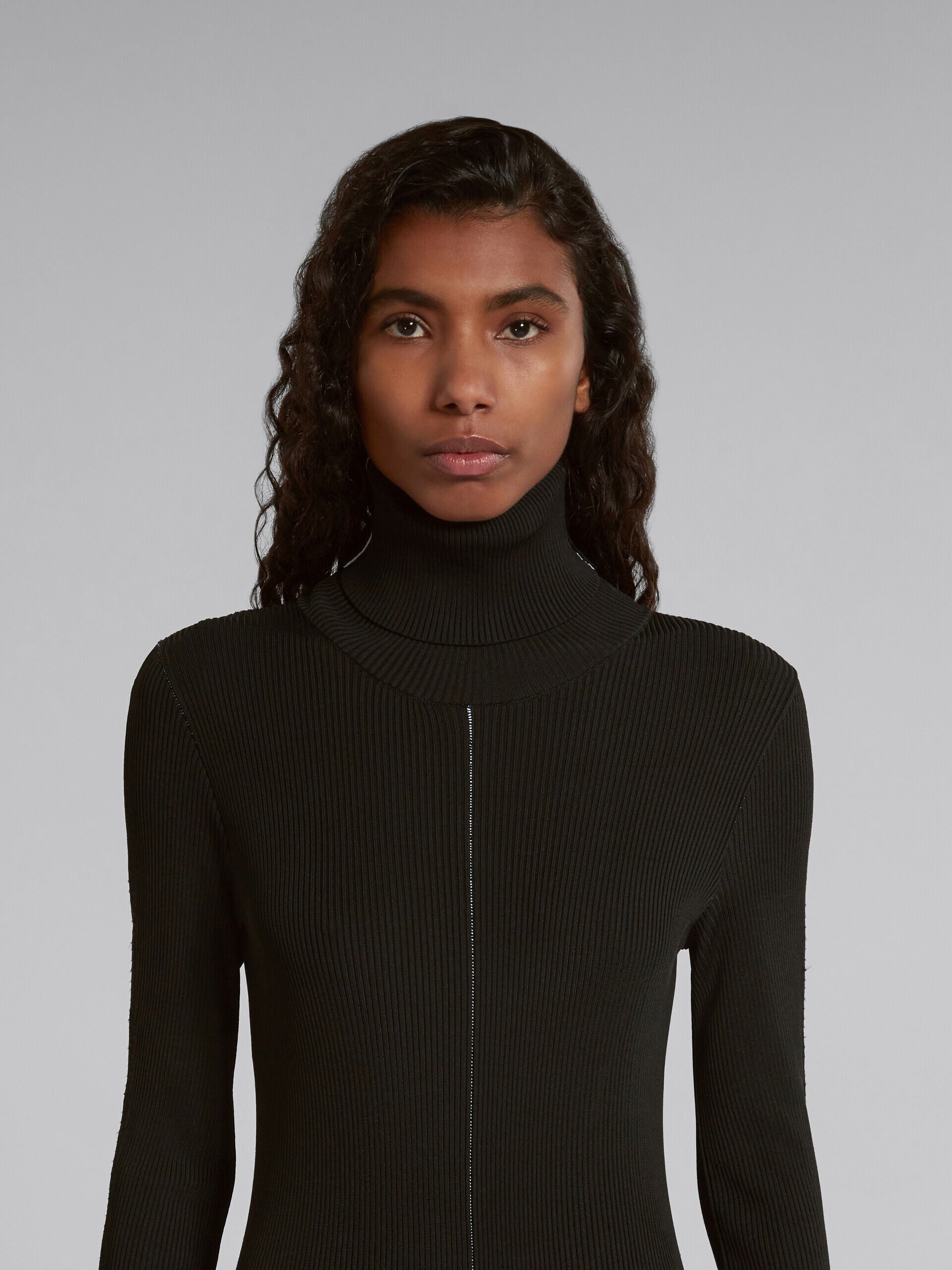 MARNI WOMEN'S BLACK RIBBED TURTLENECK MIDI DRESS