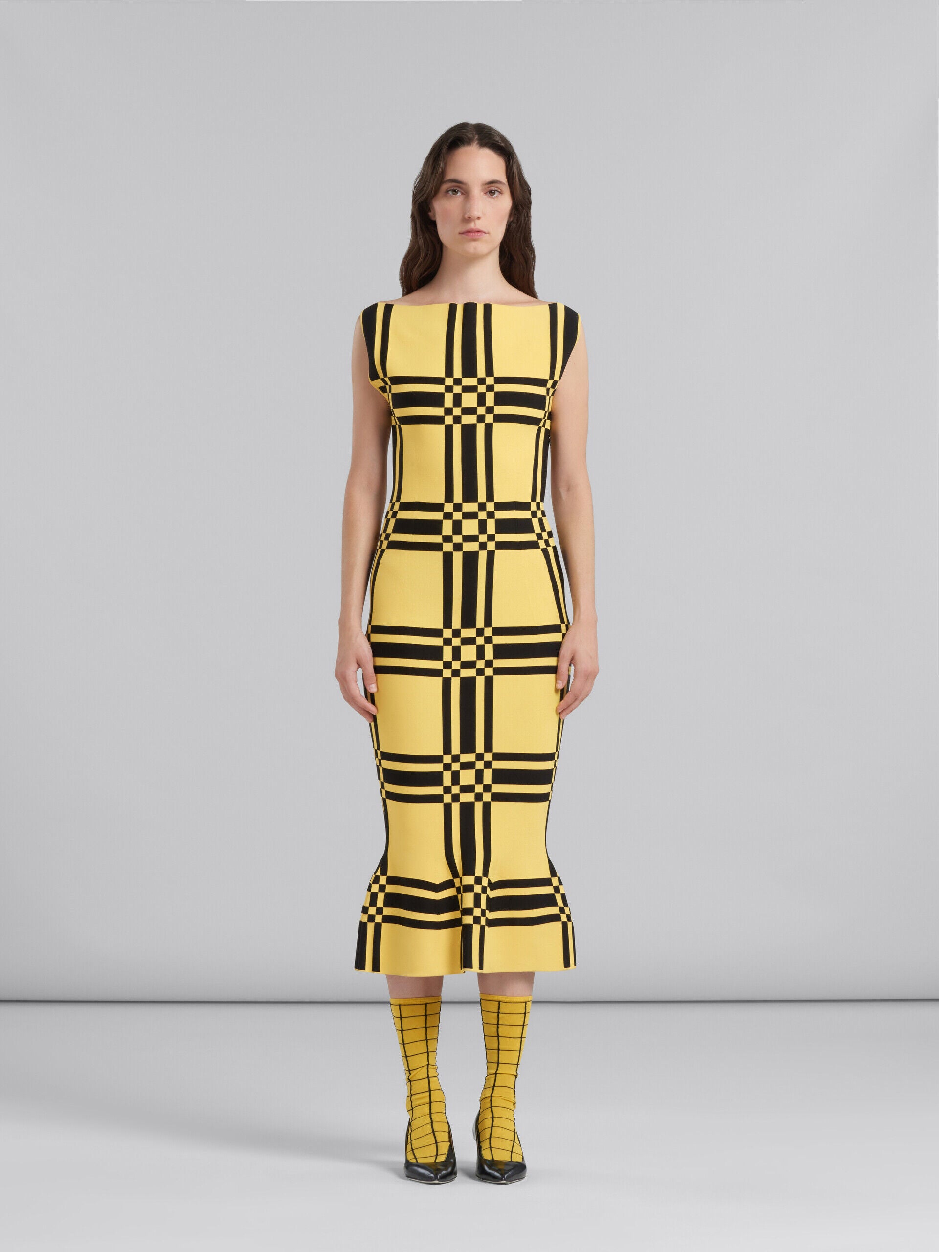 MARNI WOMEN'S YELLOW CHECKERED STRAPLESS DRESS