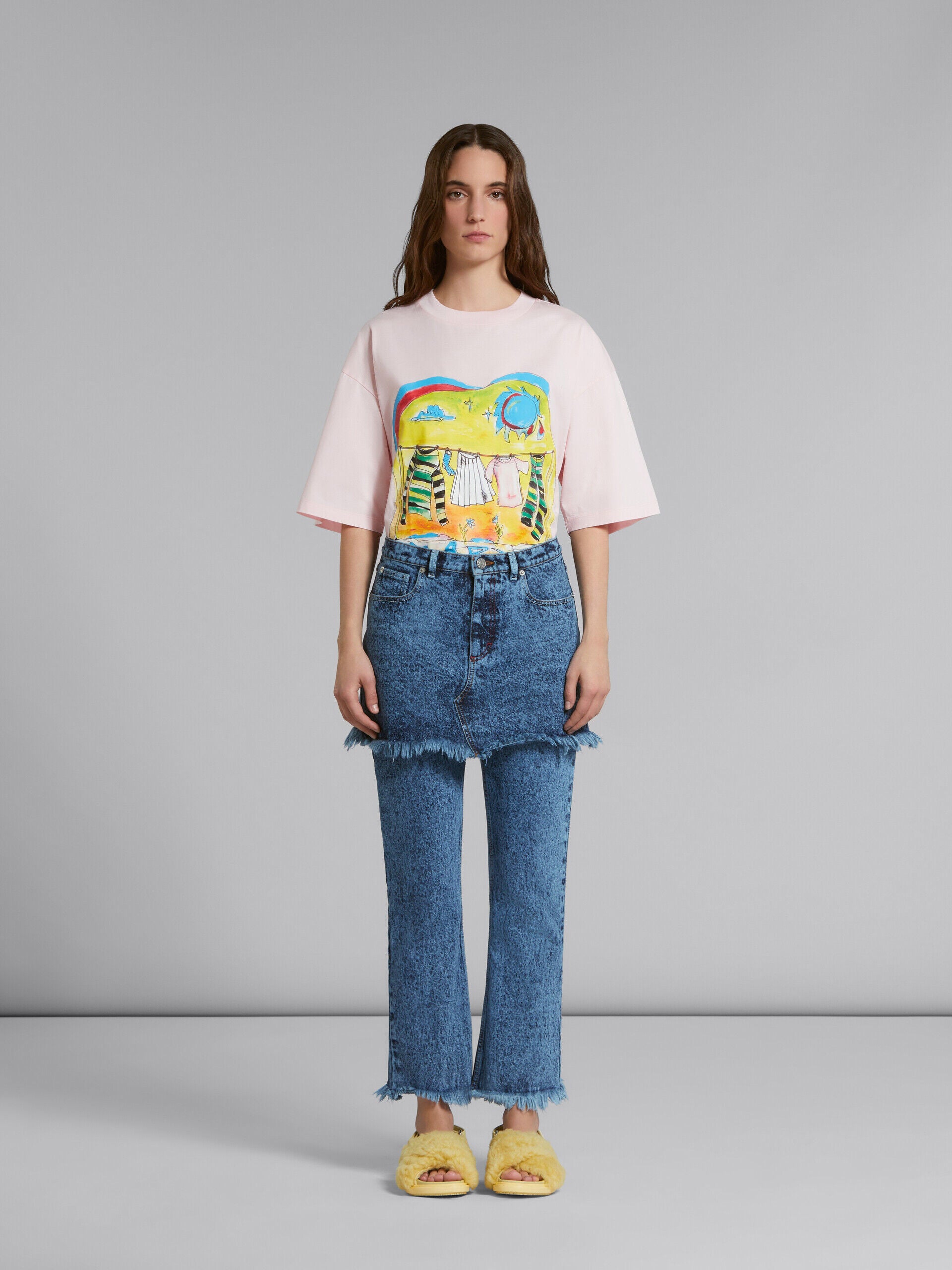 MARNI WOMEN'S BLUE DENIM LAYERED FRINGE TROUSERS