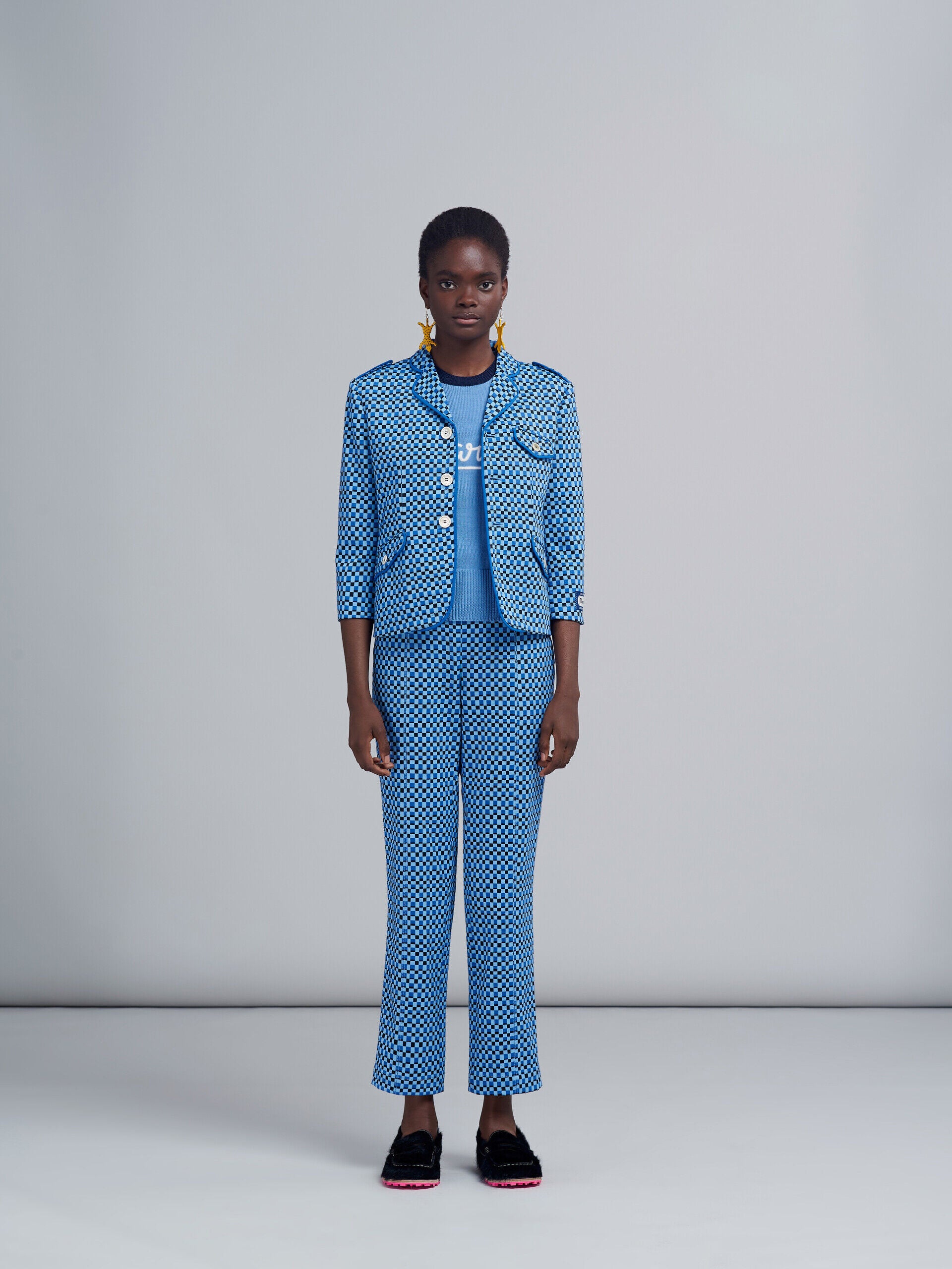 MARNI WOMEN'S BLUE CHECKERED STRAIGHT-LEG TROUSERS