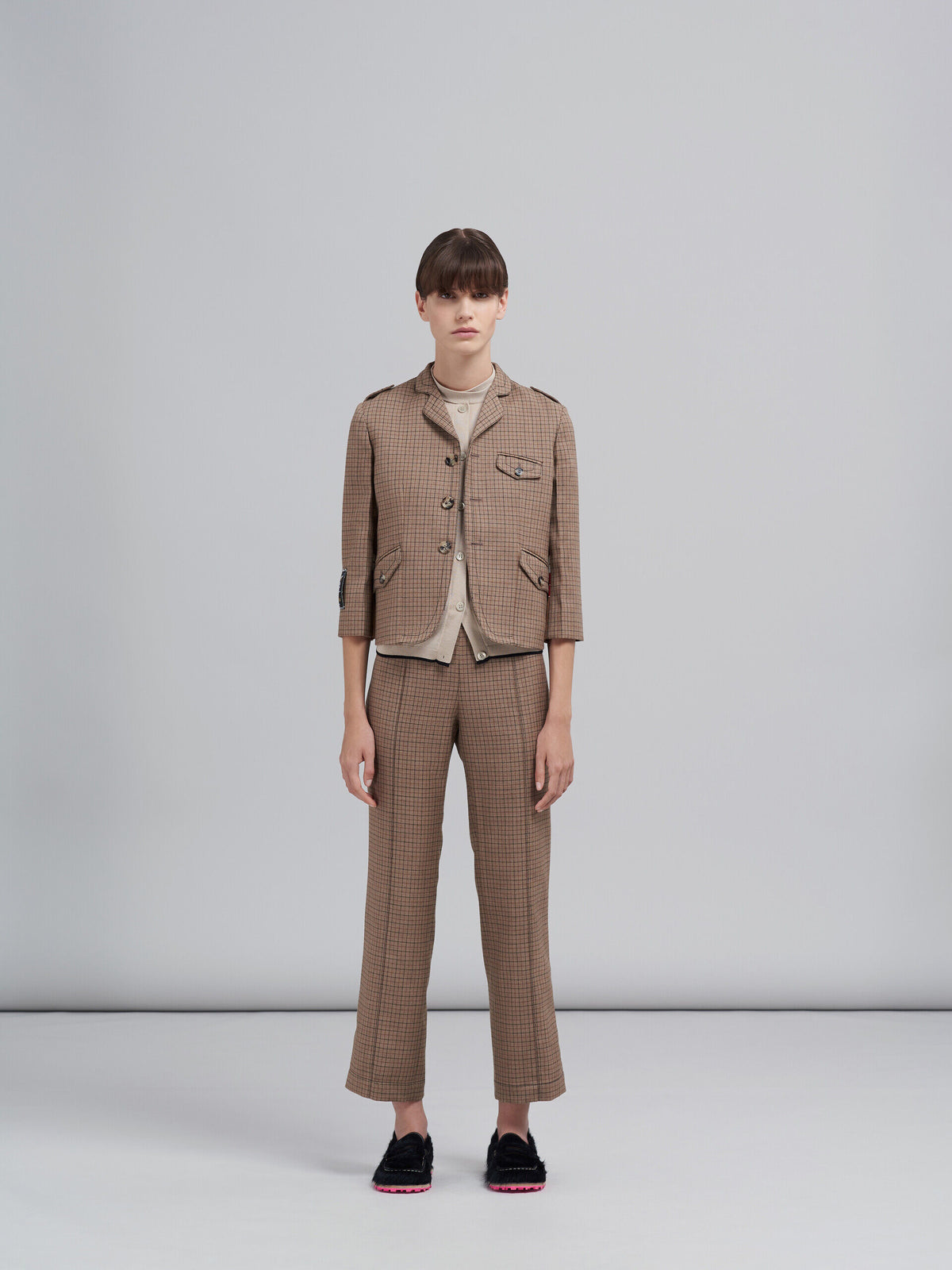 MARNI WOMEN'S BROWN CHECKED CROPPED TROUSERS