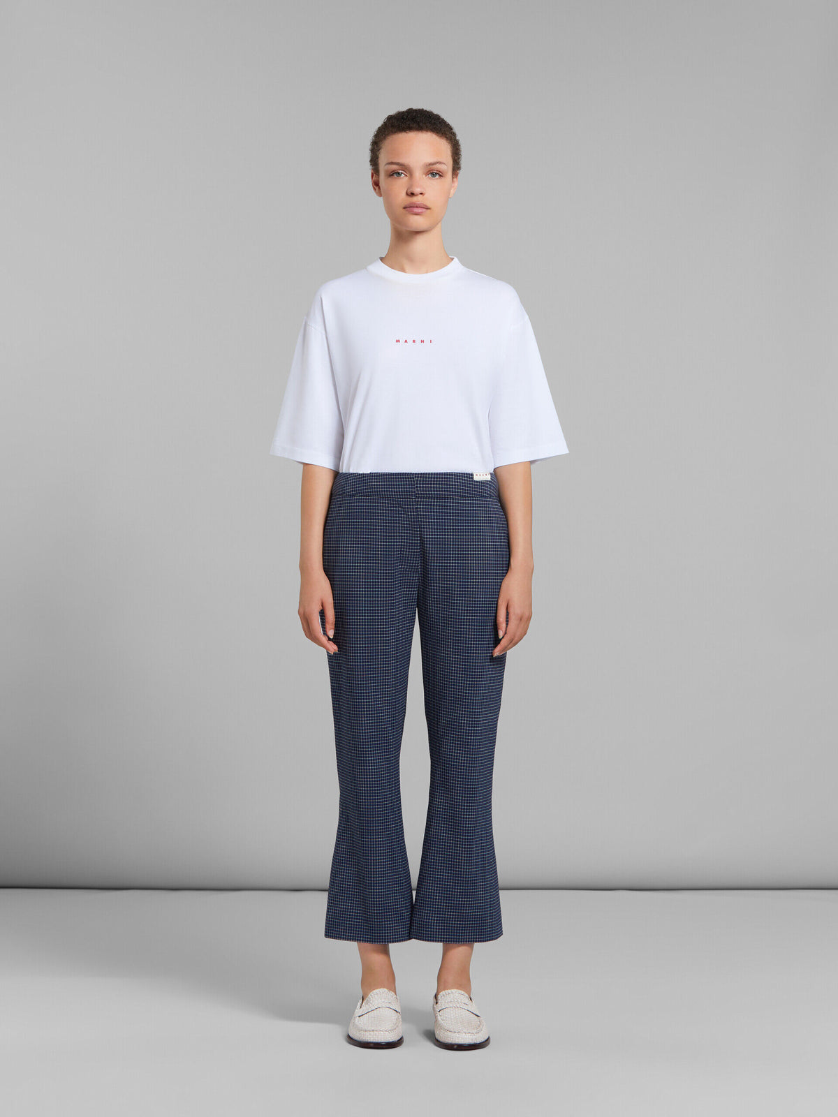 MARNI WOMEN'S NAVY CHECKED CROPPED TROUSERS