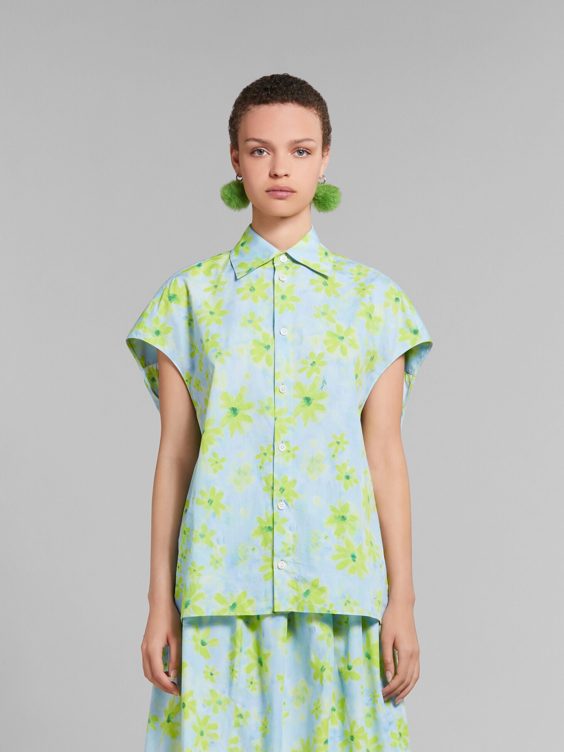 MARNI WOMEN'S AQUA FLORAL SHORT-SLEEVE BLOUSE