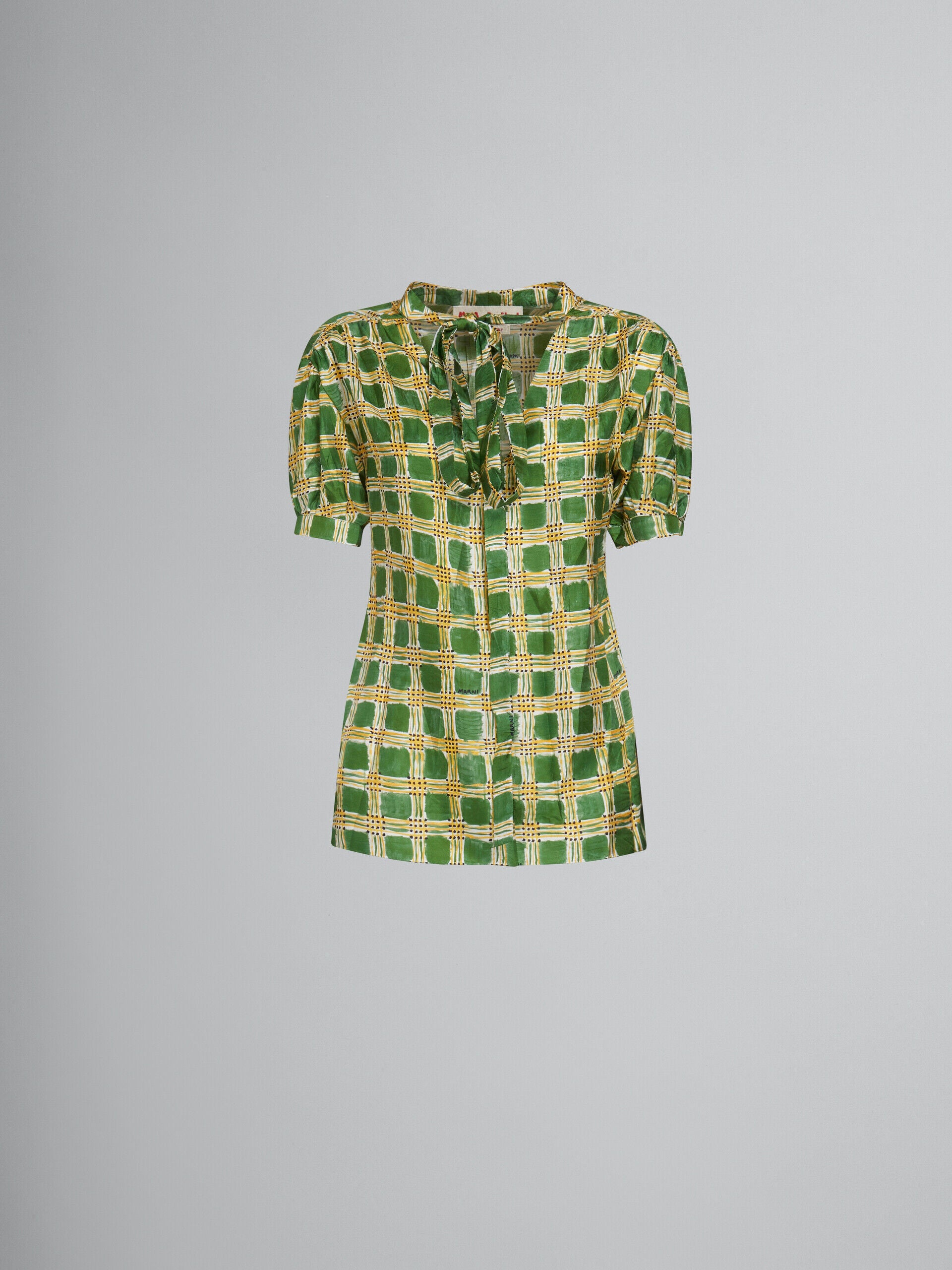 MARNI WOMEN'S GREEN PLAID BLOUSE WITH TIE NECKLINE