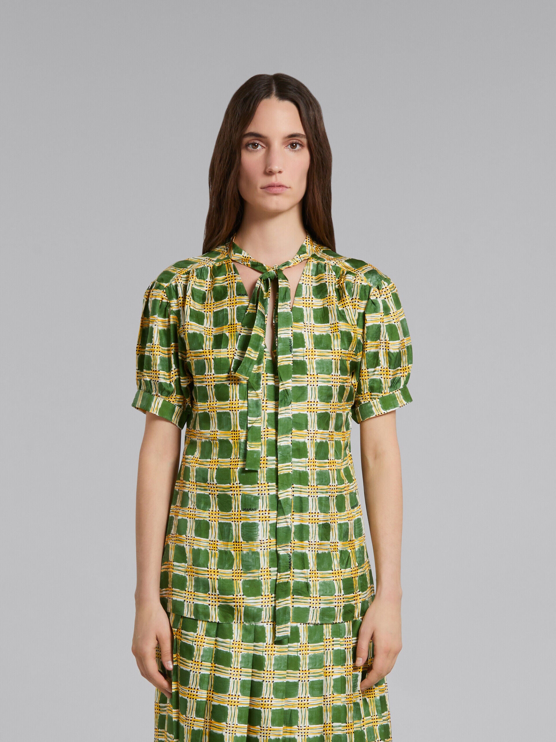MARNI WOMEN'S GREEN PLAID BLOUSE WITH TIE NECKLINE