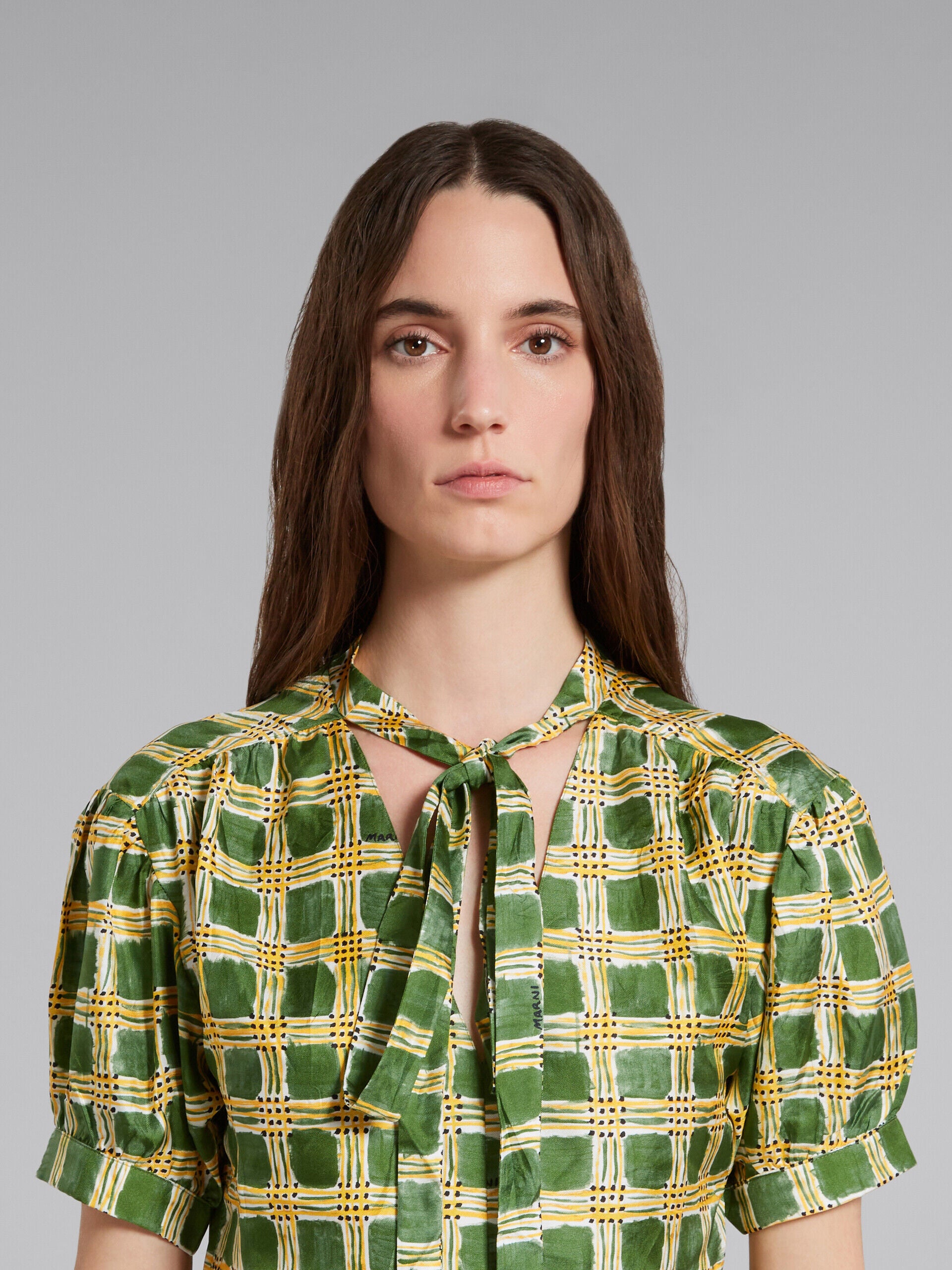 MARNI WOMEN'S GREEN PLAID BLOUSE WITH TIE NECKLINE