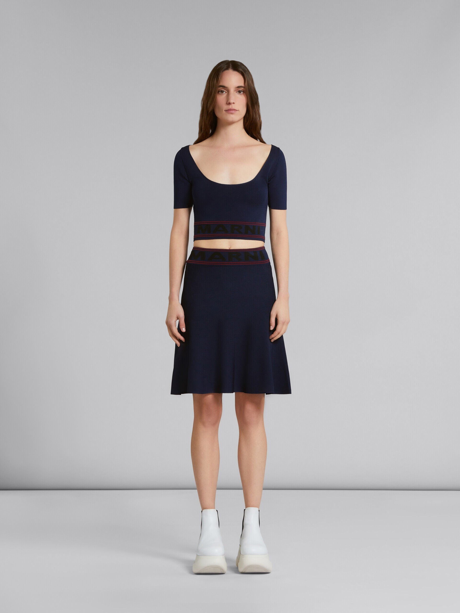 MARNI WOMEN'S NAVY FLARED SKIRT WITH WAISTBAND DETAILING