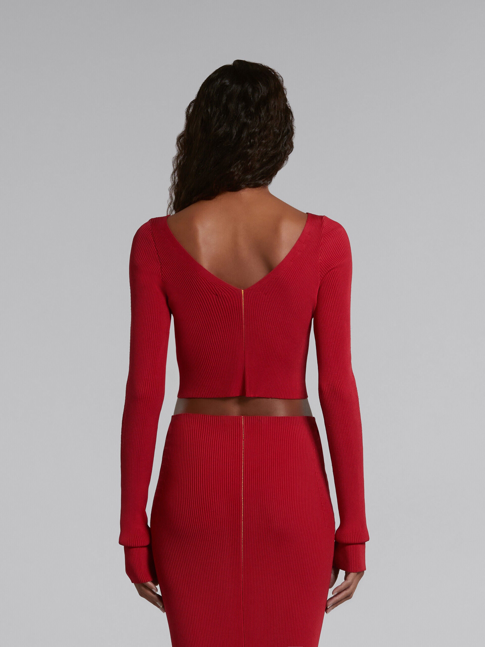 MARNI WOMEN'S RED RIBBED CROPPED SWEATER