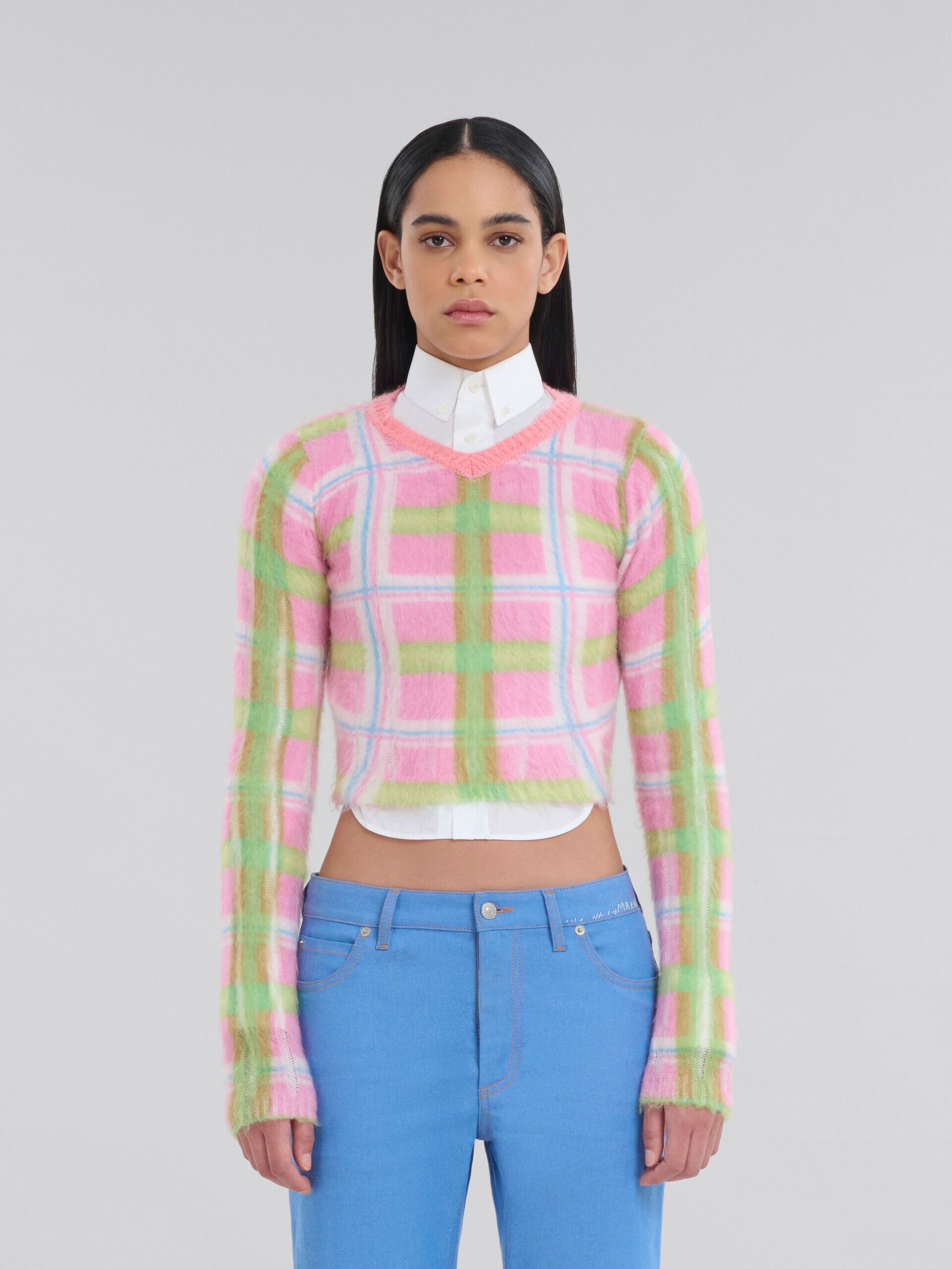 MARNI WOMEN'S PINK PLAID CROPPED SWEATER