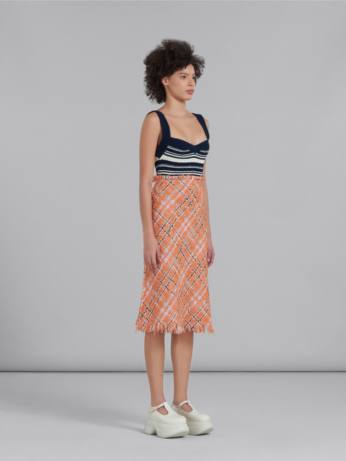 MARNI WOMEN'S NAVY ORANGE PLAID KNIT DRESS