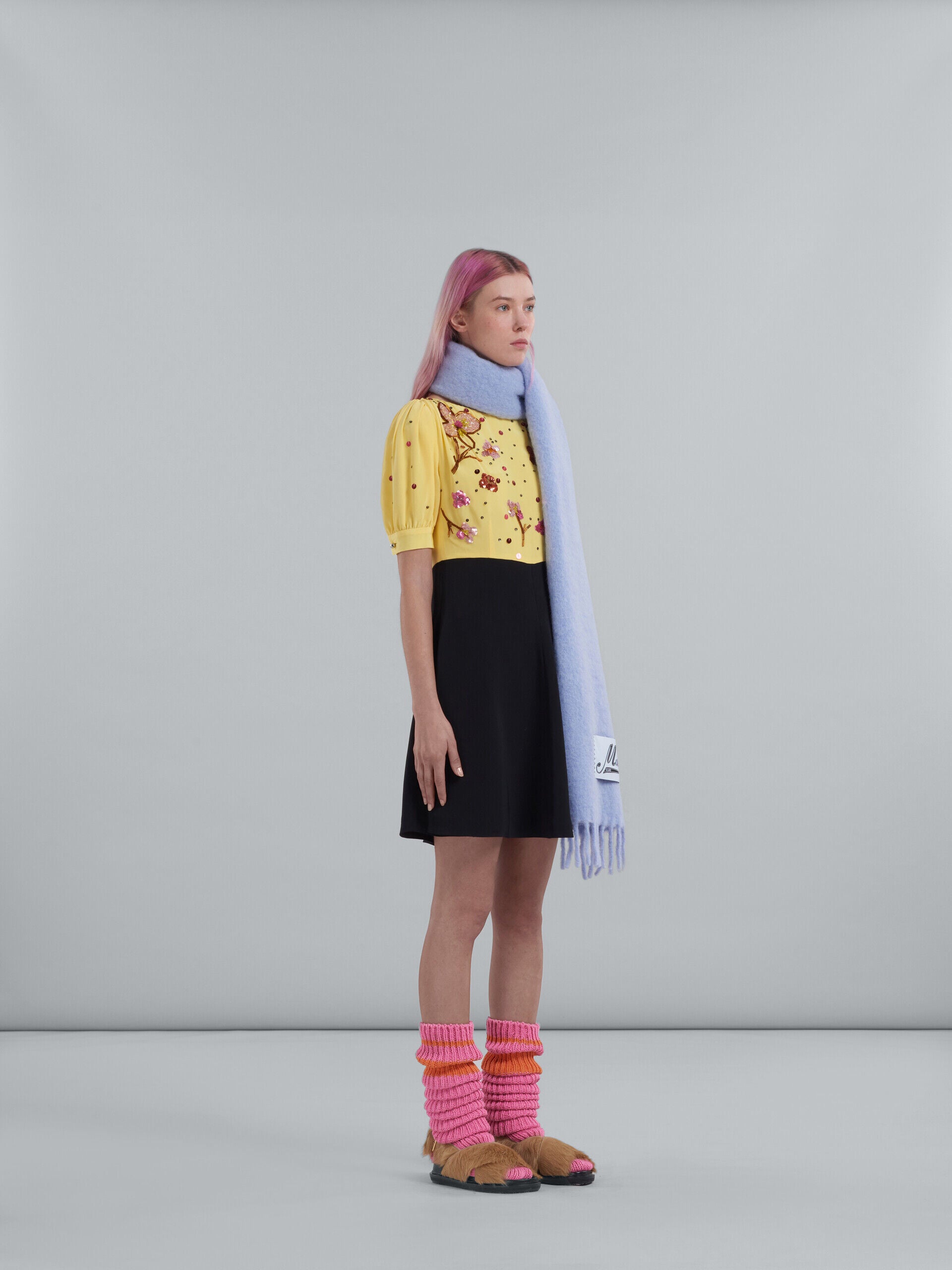 MARNI WOMEN'S YELLOW EMBROIDERED PUFF SLEEVE DRESS