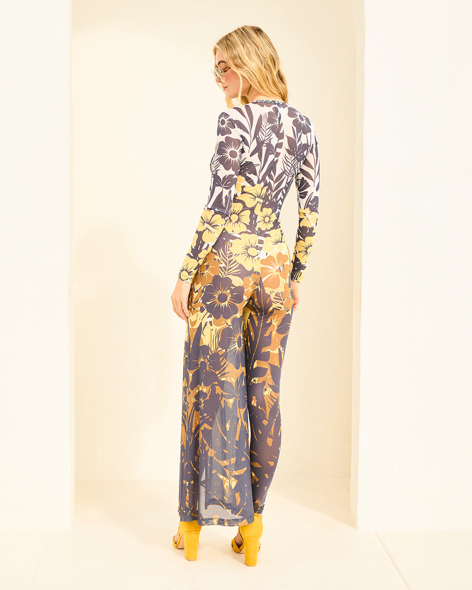 Floral Palm Asymmetrical Mesh Bodysuit