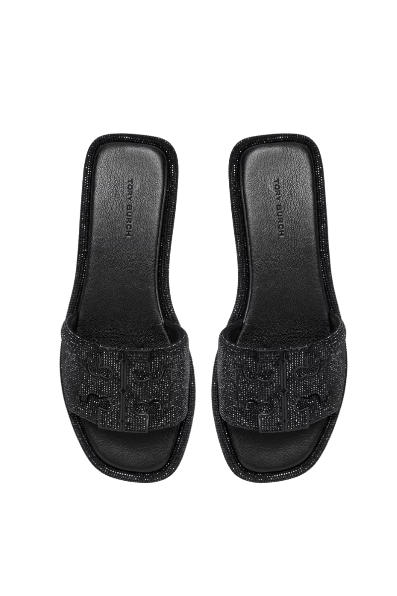 Tory Burch Pavé Double T Sport Slides in Black