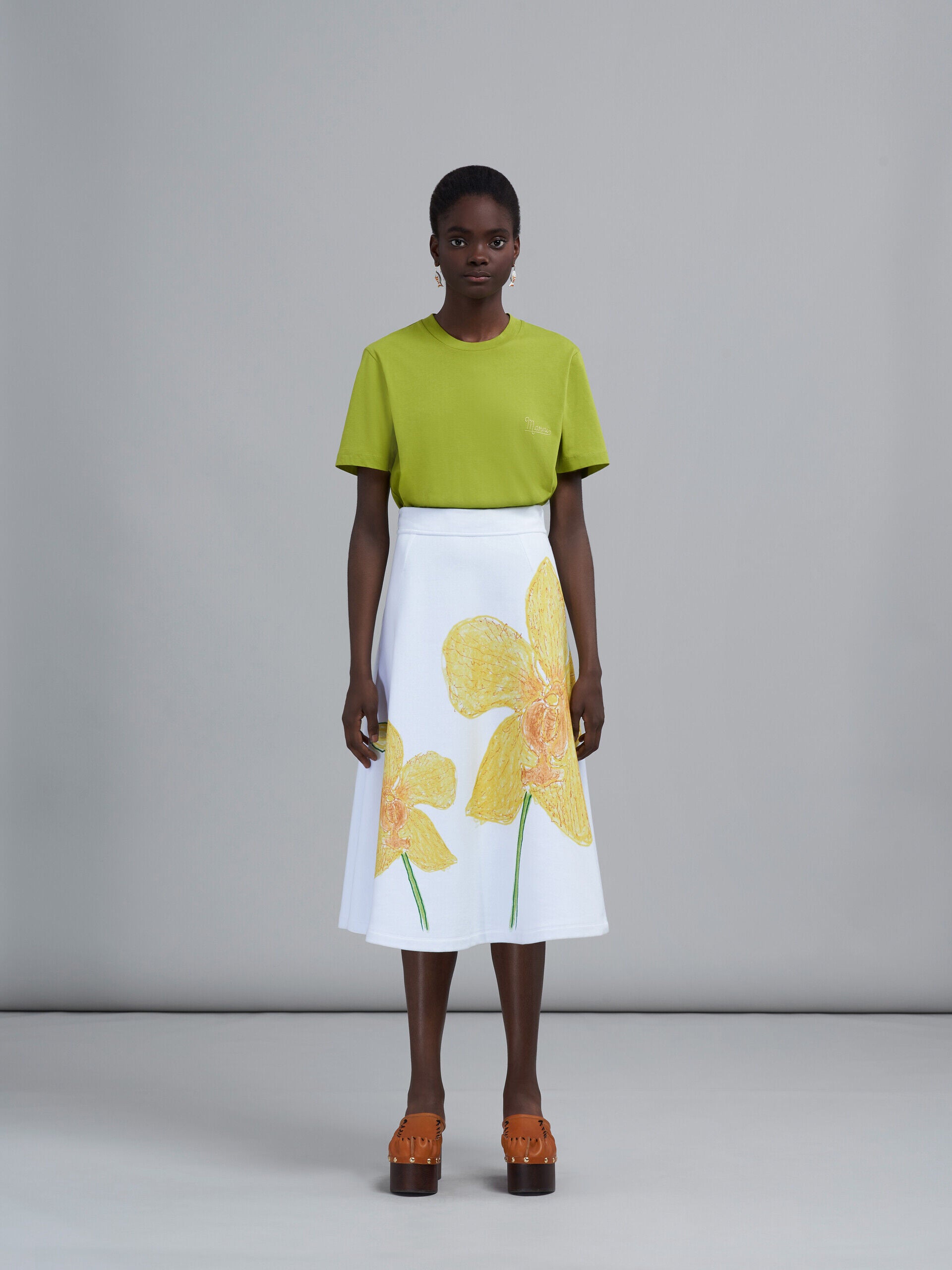 MARNI WOMEN'S WHITE A-LINE SKIRT WITH FLORAL PRINT