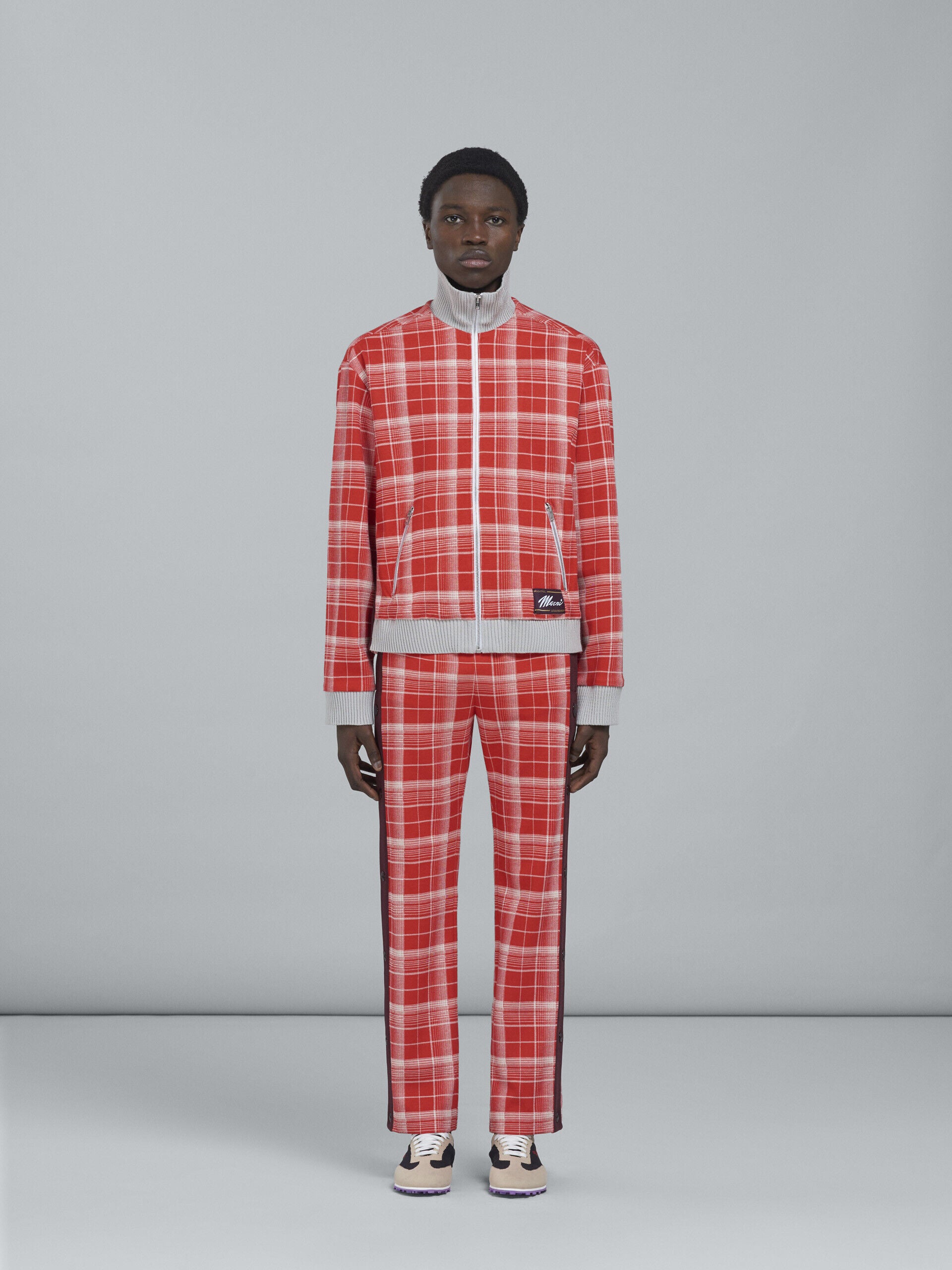 MARNI MEN'S CRIMSON PLAID TROUSERS WITH SIDE BUTTONS