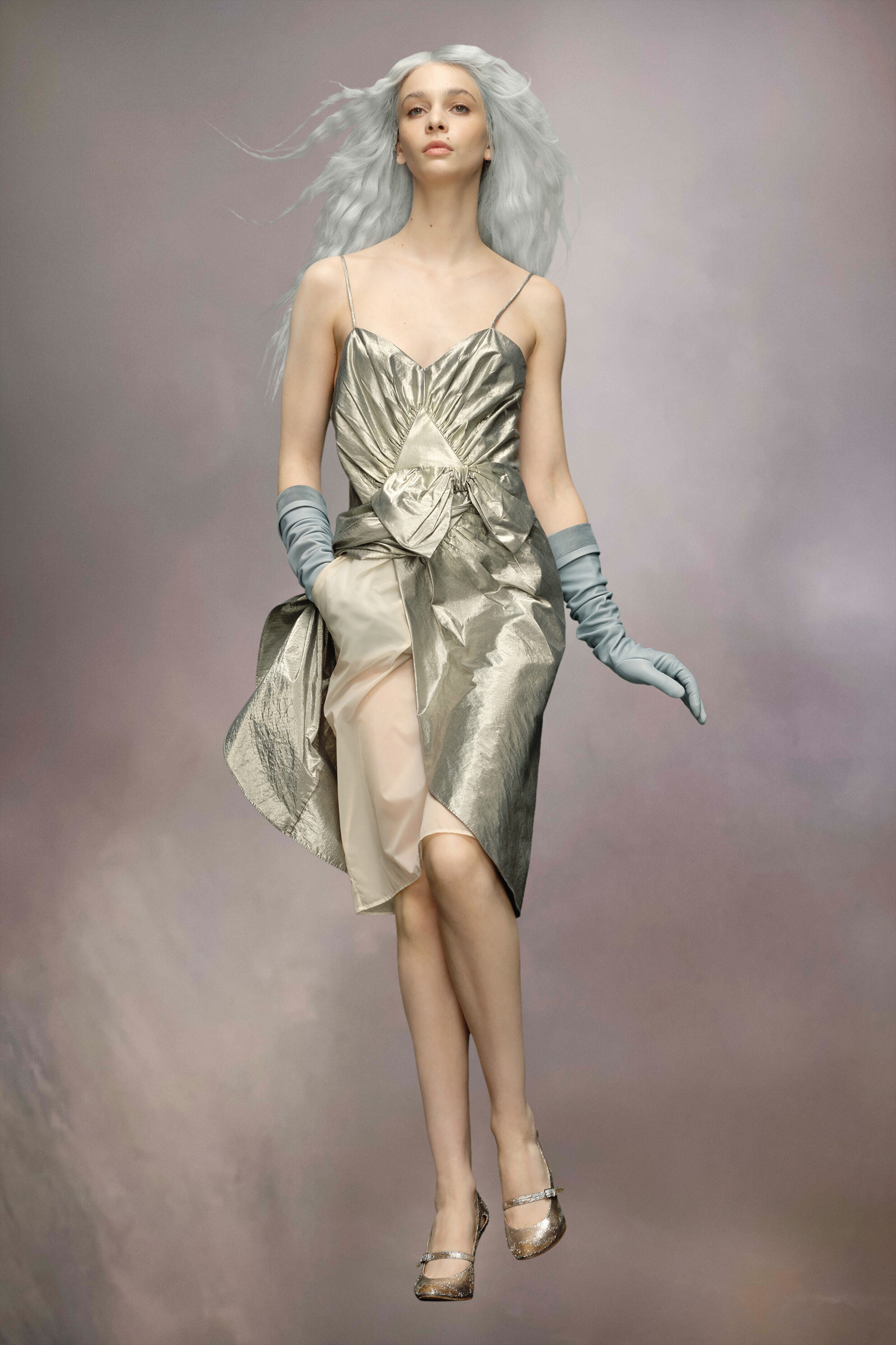 MAISON MARGIELA WOMEN'S SILVER METALLIC DRAPED MIDI DRESS