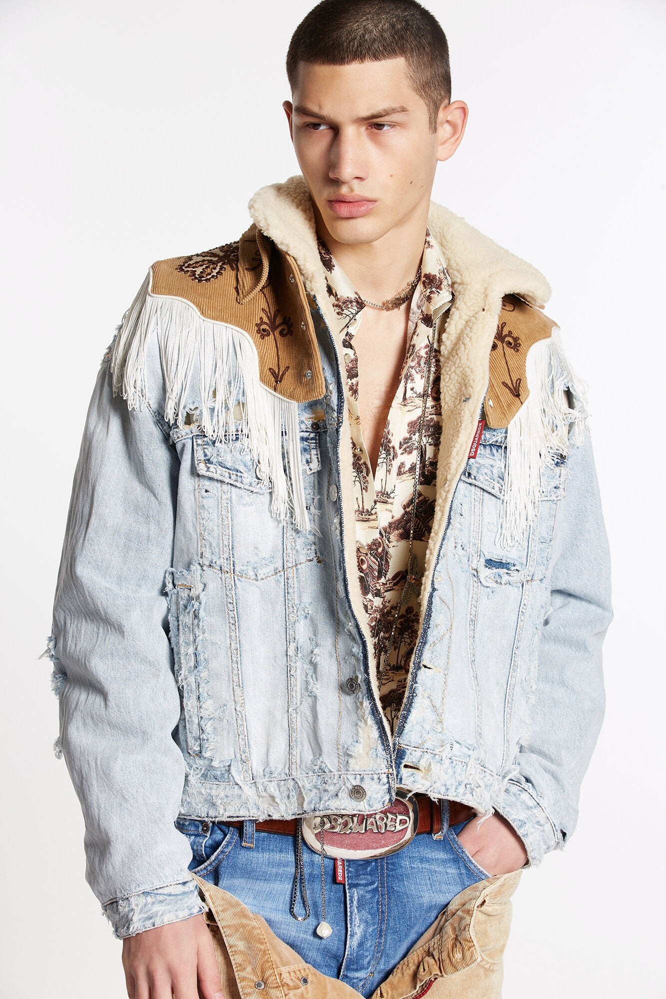 DSQUARED2 MEN'S LIGHT DENIM JACKET WITH FRINGE