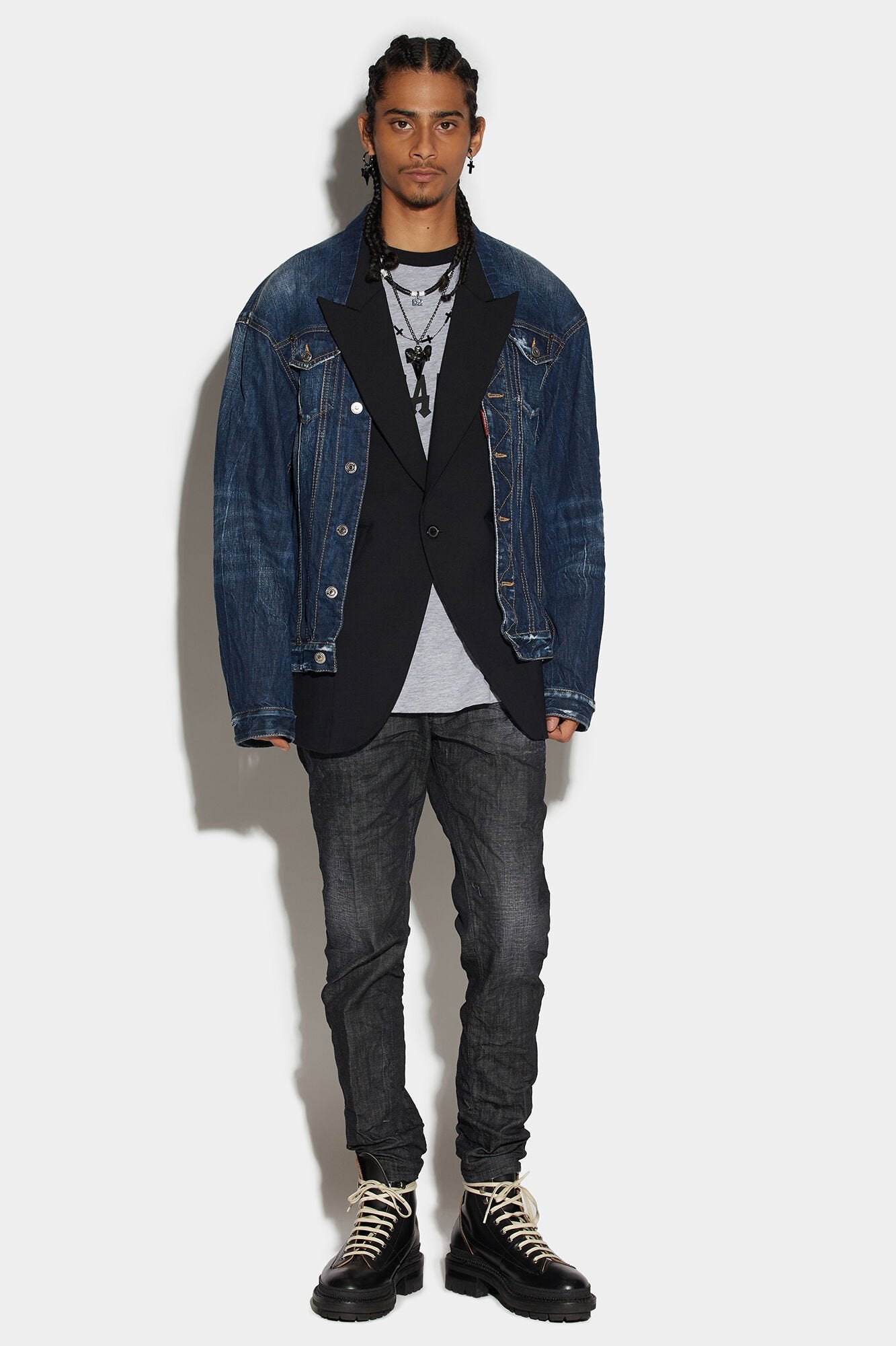 DSQUARED2 MEN'S NAVY DENIM LAYERED BLAZER JACKET