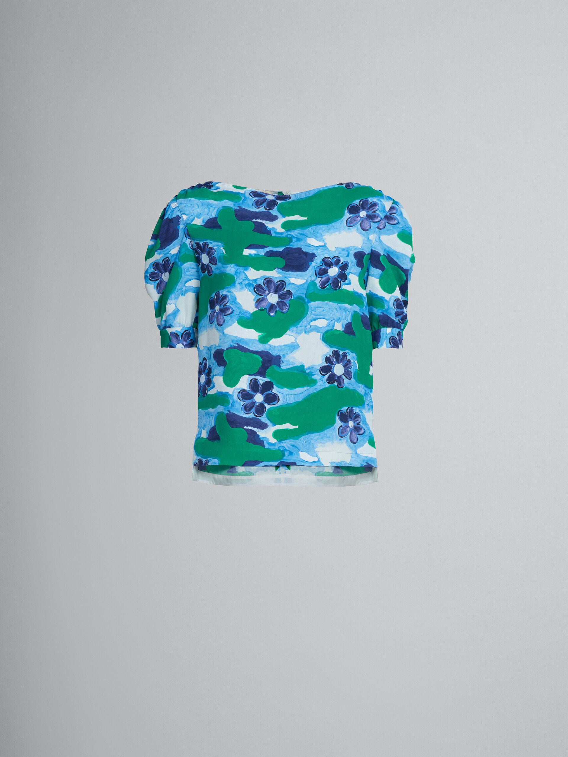 MARNI WOMEN'S BLUE FLORAL PUFF SLEEVE BLOUSE