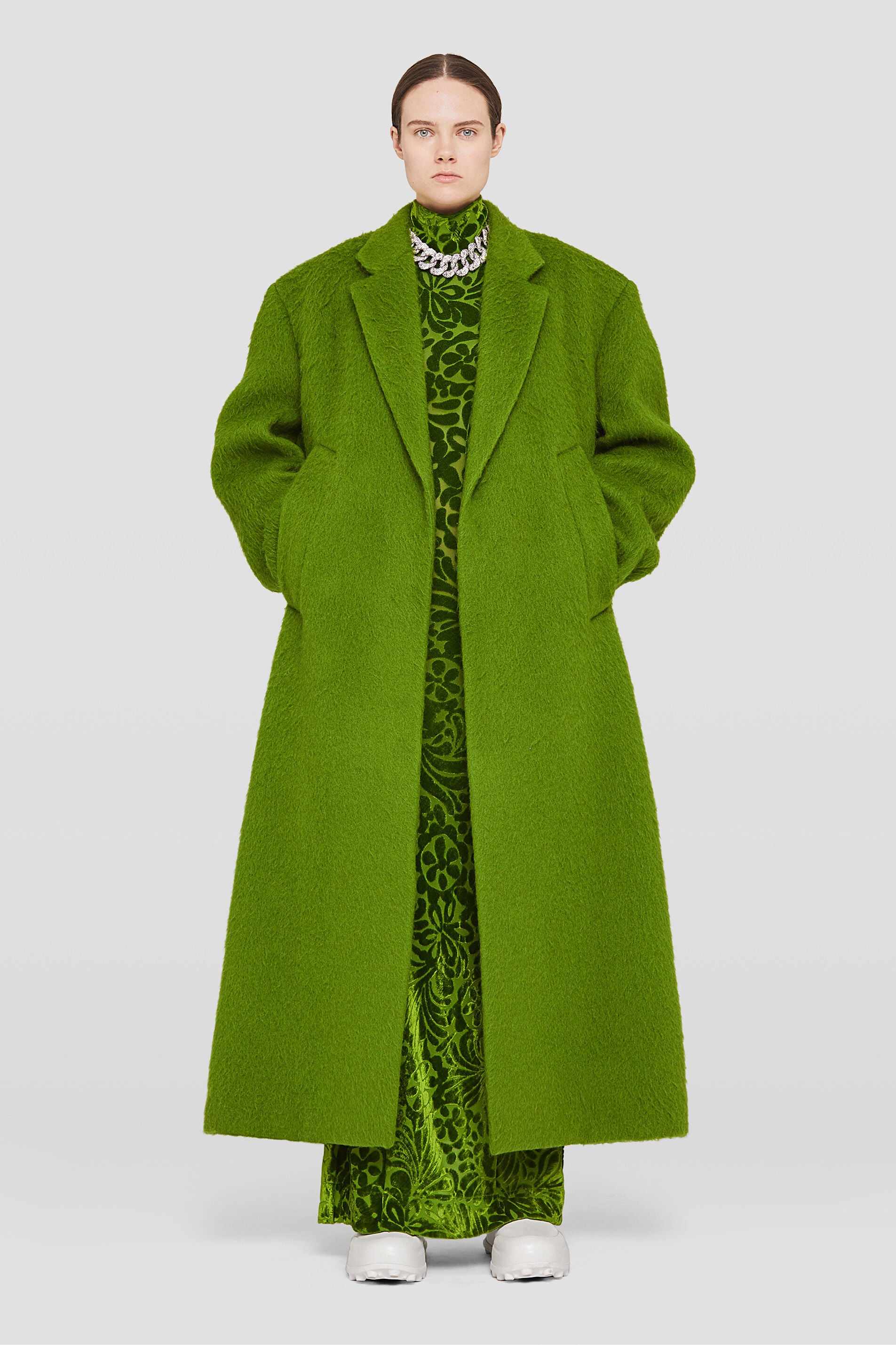 JIL SANDER WOMEN'S PEA GREEN PATTERNED LONG DRESS
