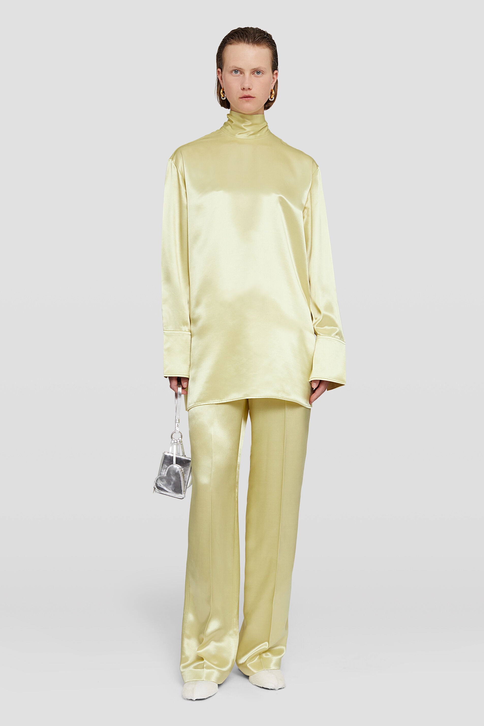 JIL SANDER WOMEN'S PIGMENT GREEN SILK HIGH-NECK BLOUSE