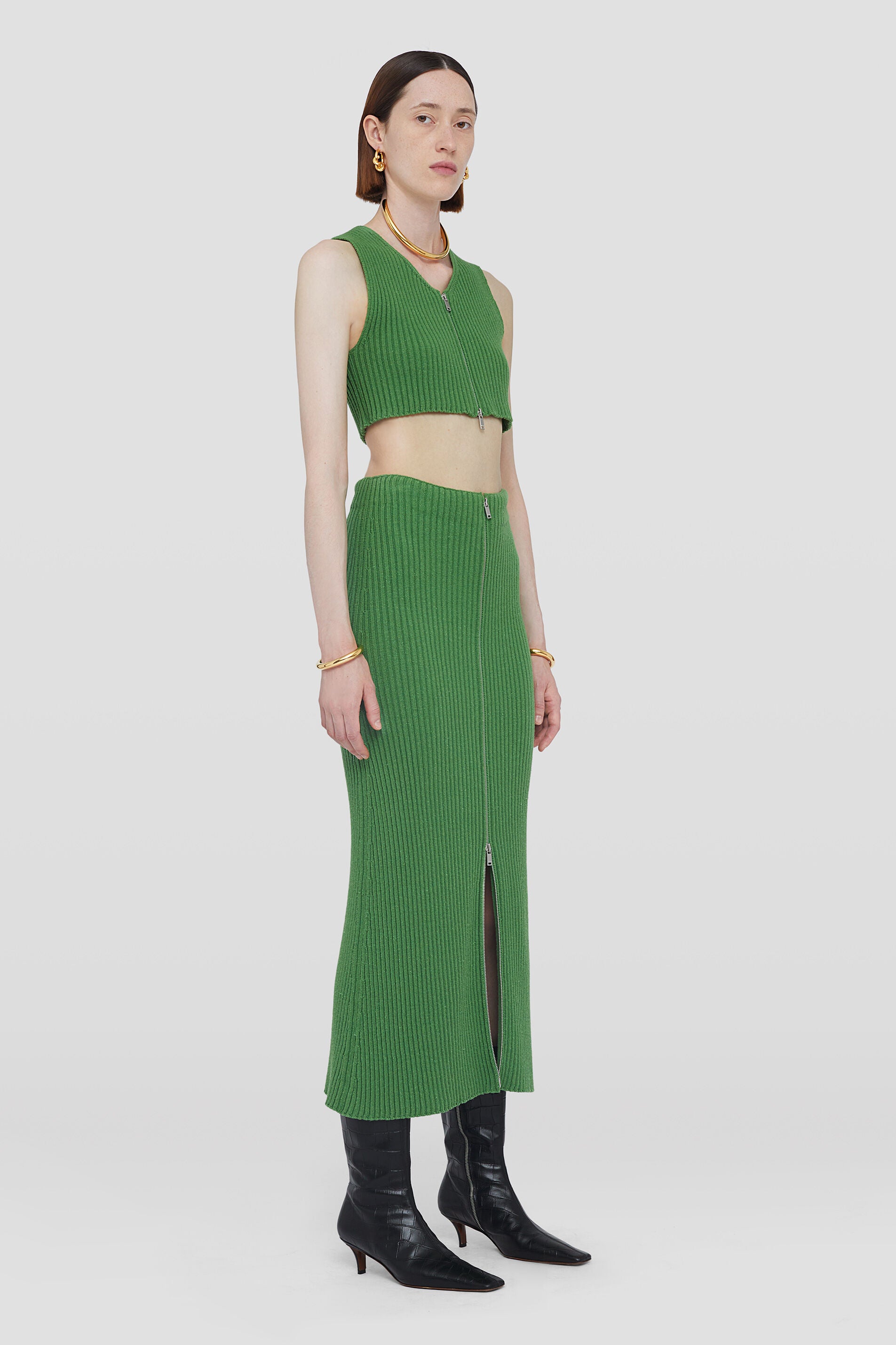 JIL SANDER WOMEN'S GREEN RIBBED KNIT SKIRT