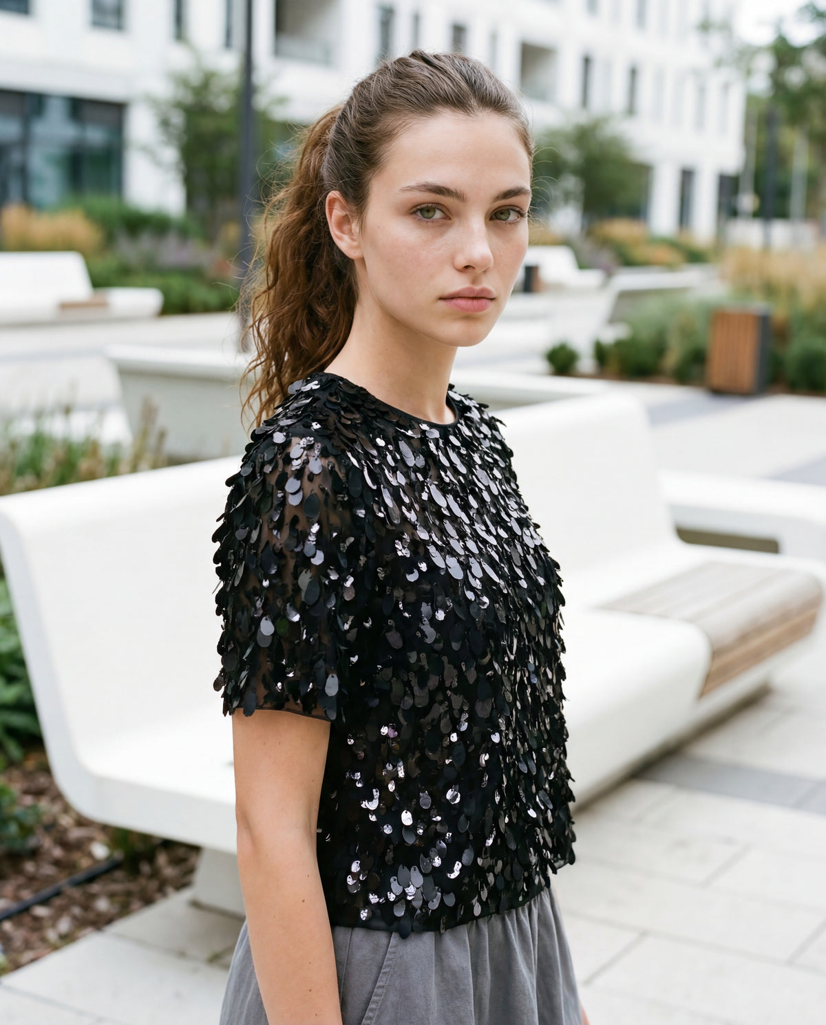 BRUNELLO CUCINELLI WOMEN'S BLACK SEQUIN EMBELLISHED SHIRT