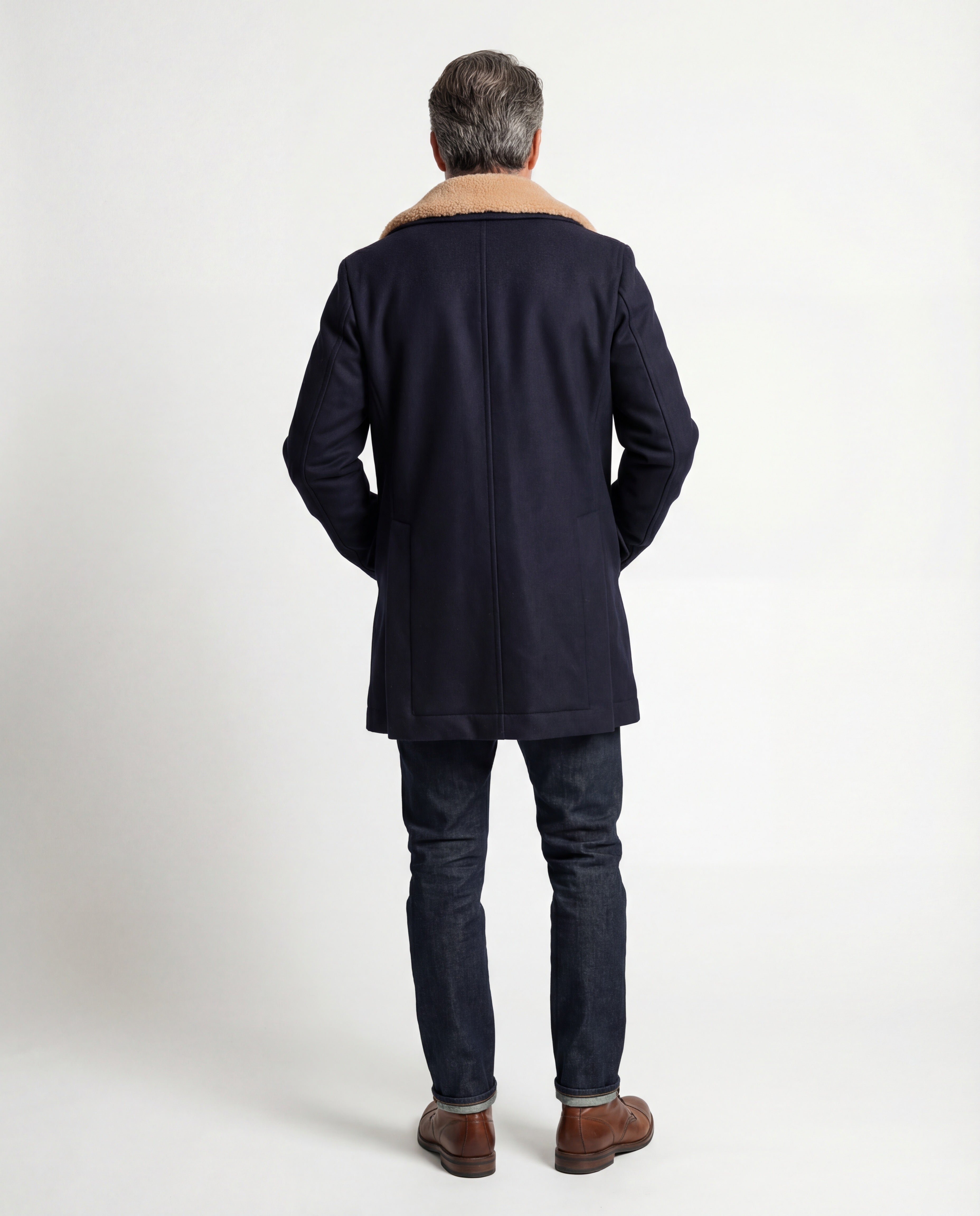 BRUNELLO CUCINELLI MEN'S NAVY WOOL PEA JACKET