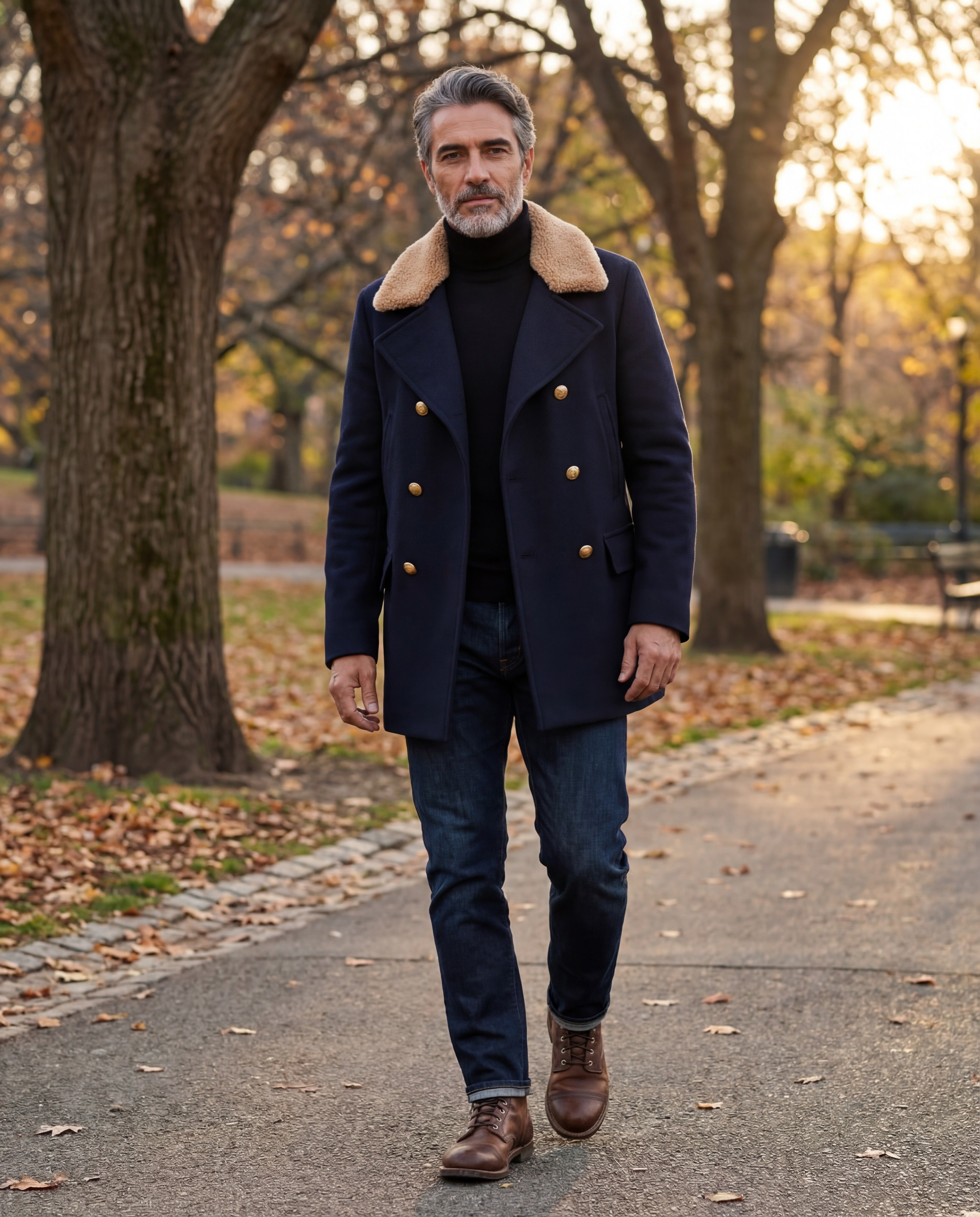 BRUNELLO CUCINELLI MEN'S NAVY WOOL PEA JACKET