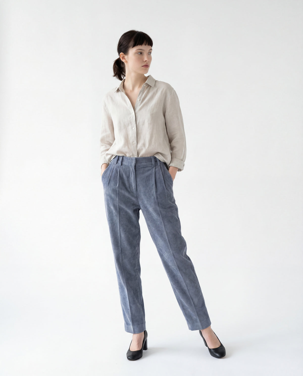 BRUNELLO CUCINELLI WOMEN'S BLUE PLEATED CORDUROY TROUSERS