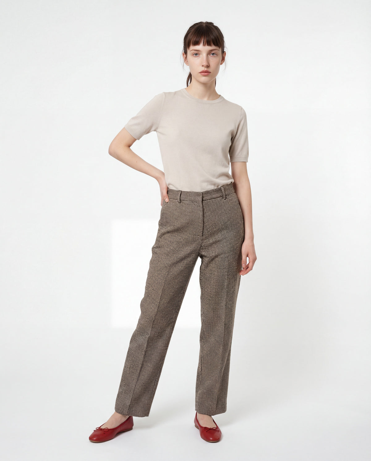 BRUNELLO CUCINELLI WOMEN'S BEIGE BLUE LINEN HOUNDSTOOTH TROUSERS